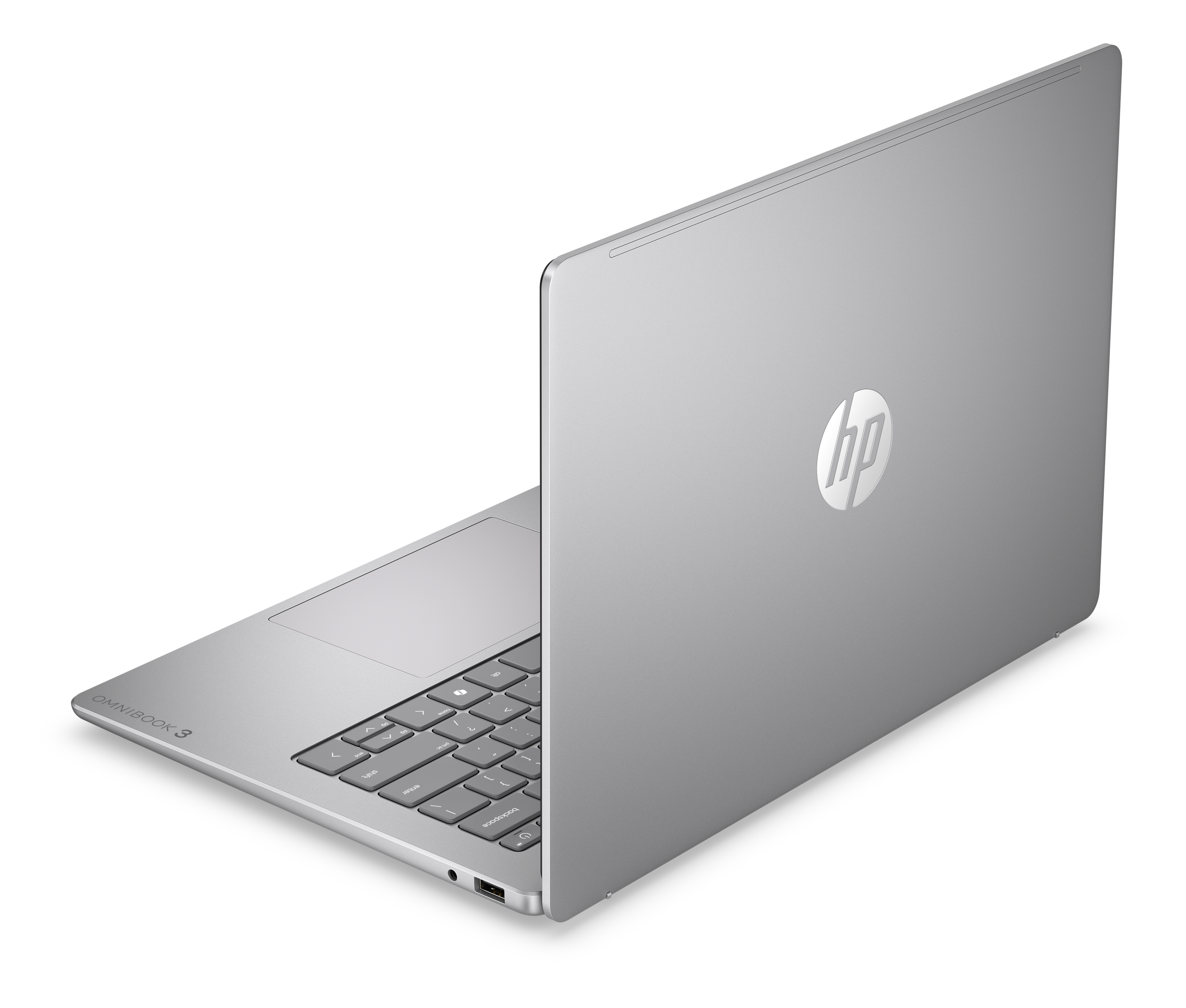 Ein silberner HP OmniBook 3 Laptop steht auf schwarzem Hintergrund, Ansicht von hinten und der Tastaturseite.