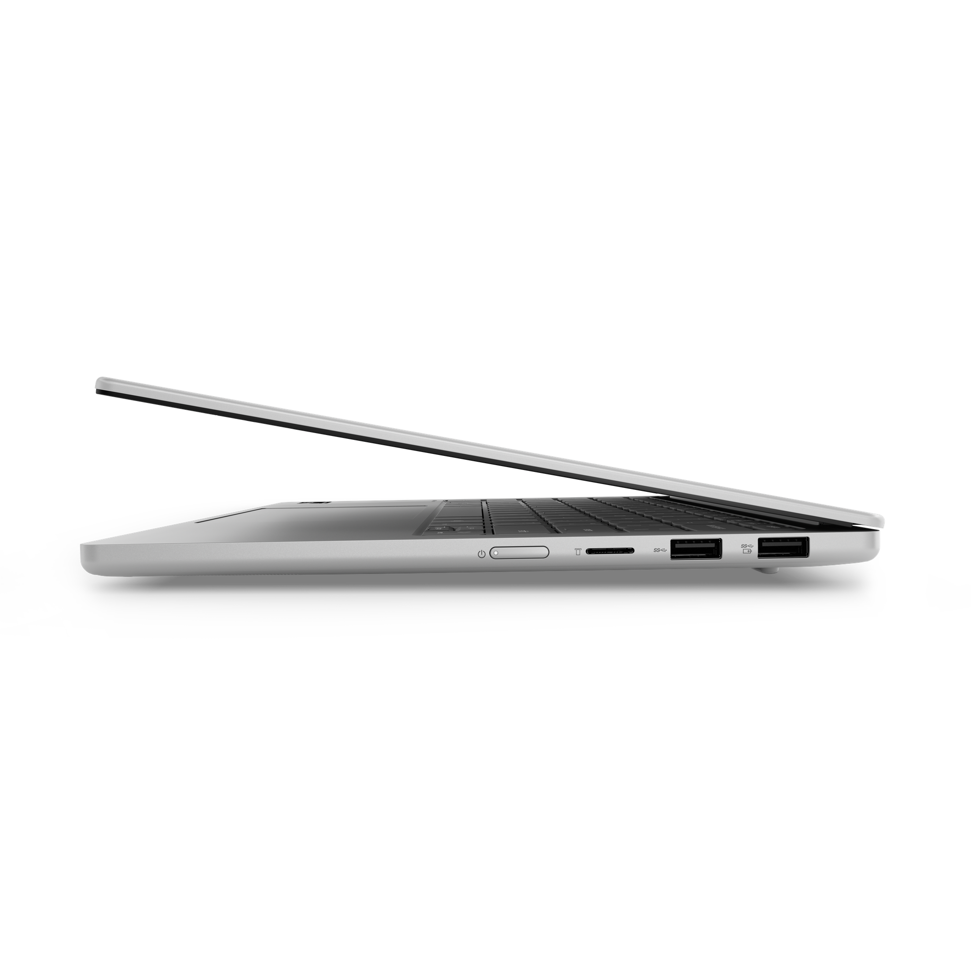 Seitenansicht eines geschlossenen silbernen Laptops auf schwarzem Hintergrund mit sichtbaren Anschlüssen.