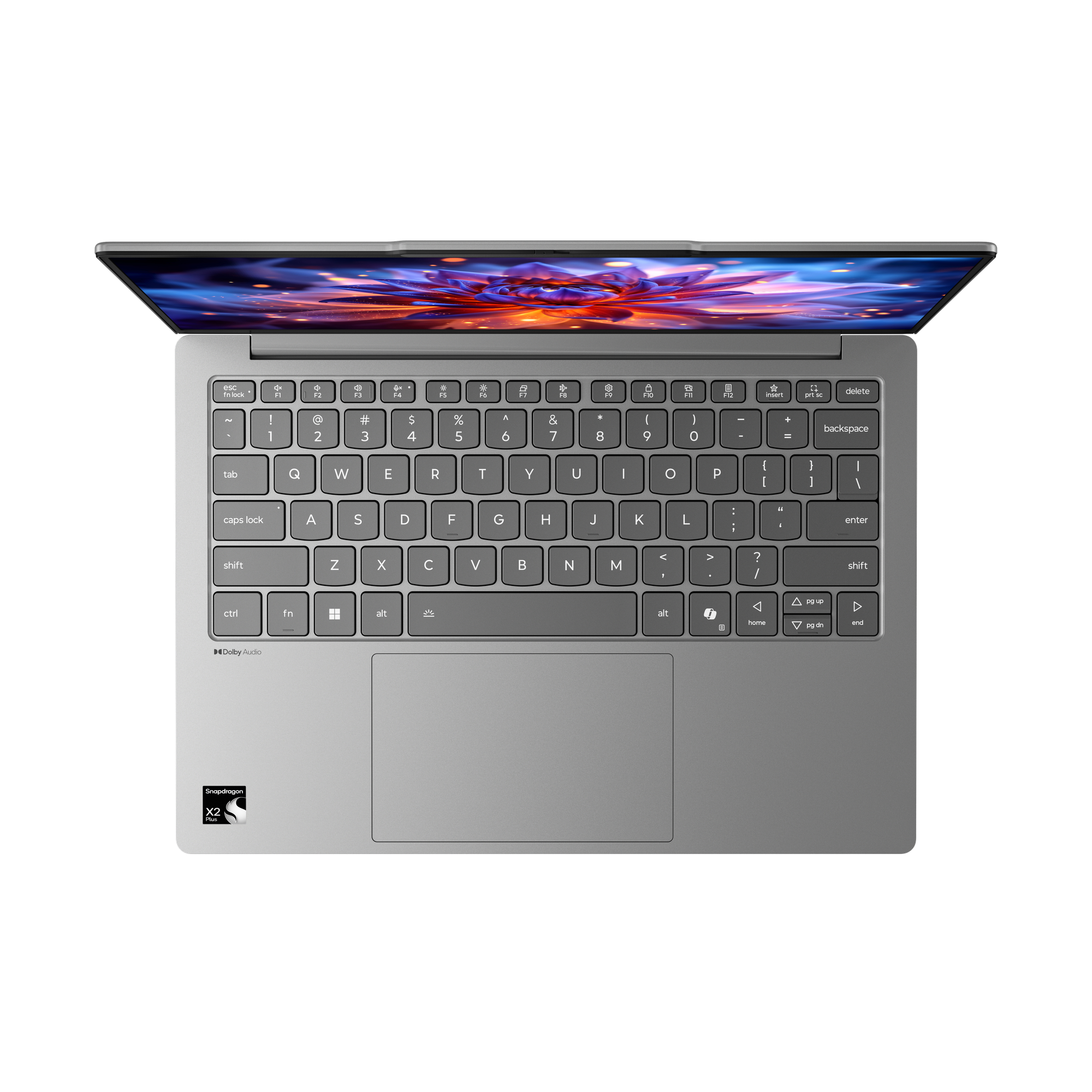 Draufsicht auf einen grauen Laptop mit beleuchteter Tastatur und bunten Blumen auf dem Bildschirm.