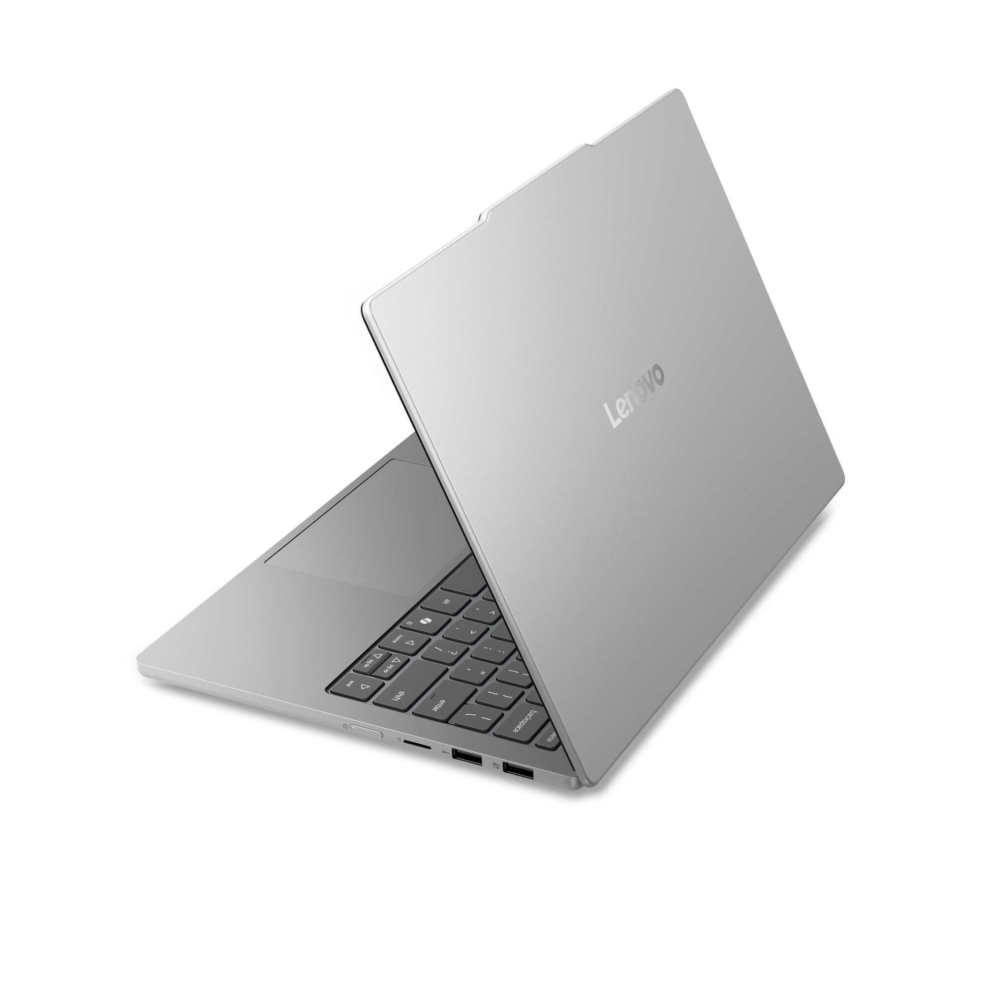 Ein silberner Lenovo Laptop steht halb geöffnet auf schwarzem Hintergrund.