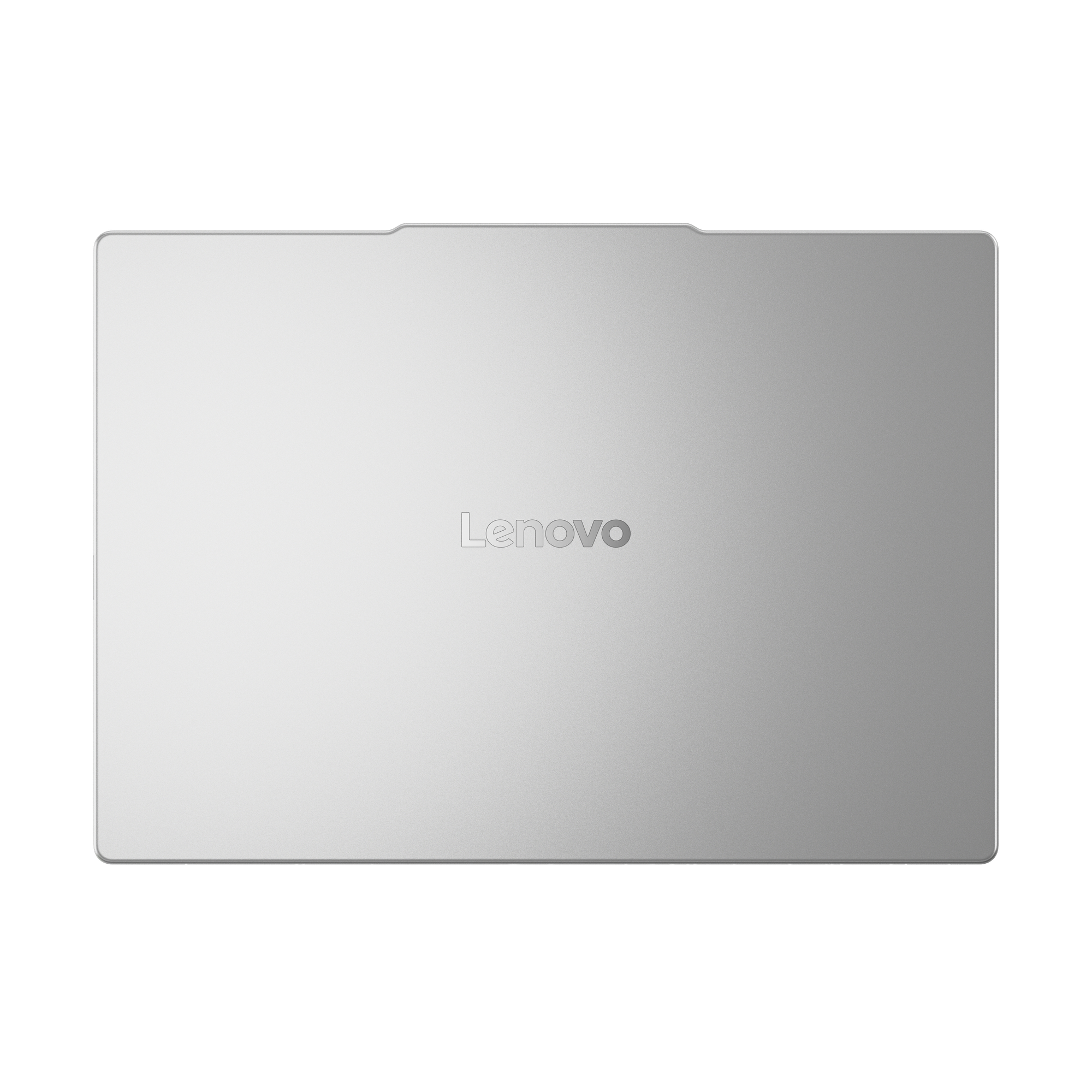 Die geschlossene silberne Oberseite eines Lenovo Laptops zeigt das eingeprägte Lenovo-Logo auf schwarzem Hintergrund.
