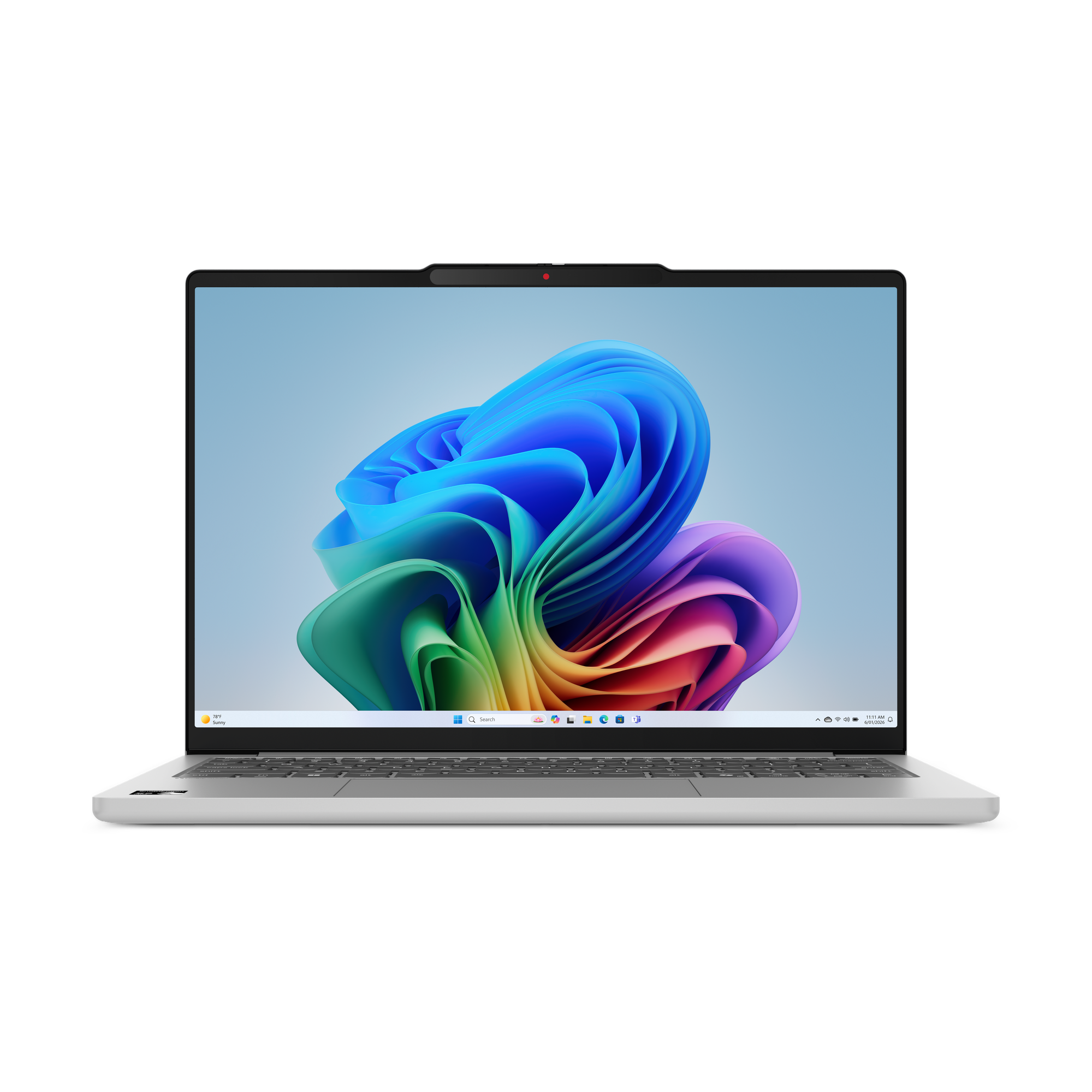 Frontansicht eines silbernen Laptops mit hellem Hintergrund und buntem Wellenmuster auf dem Bildschirm.