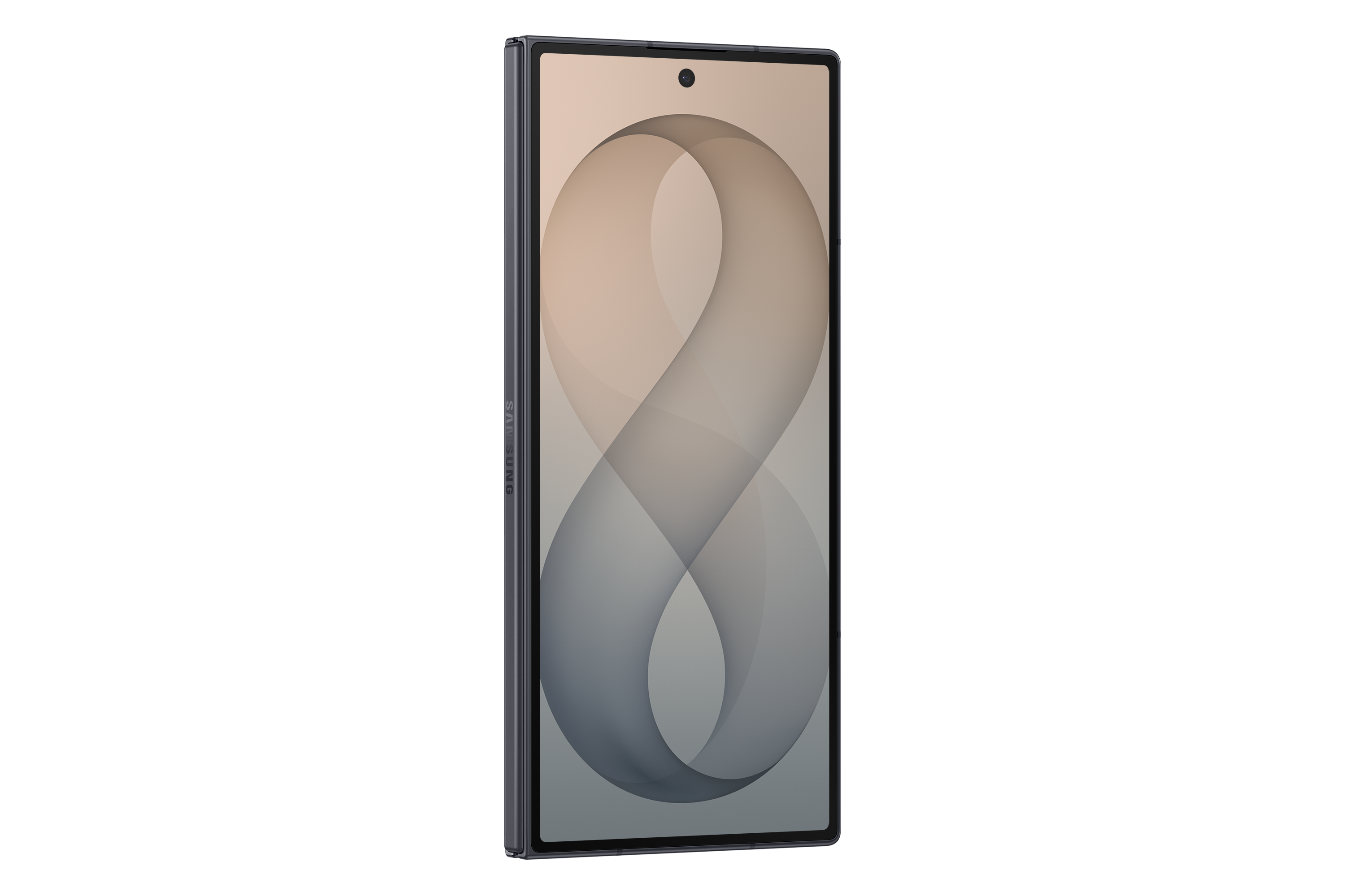 Ein faltbares Smartphone mit einem eleganten Infinity-Muster auf dem Display gegen einen schwarzen Hintergrund.