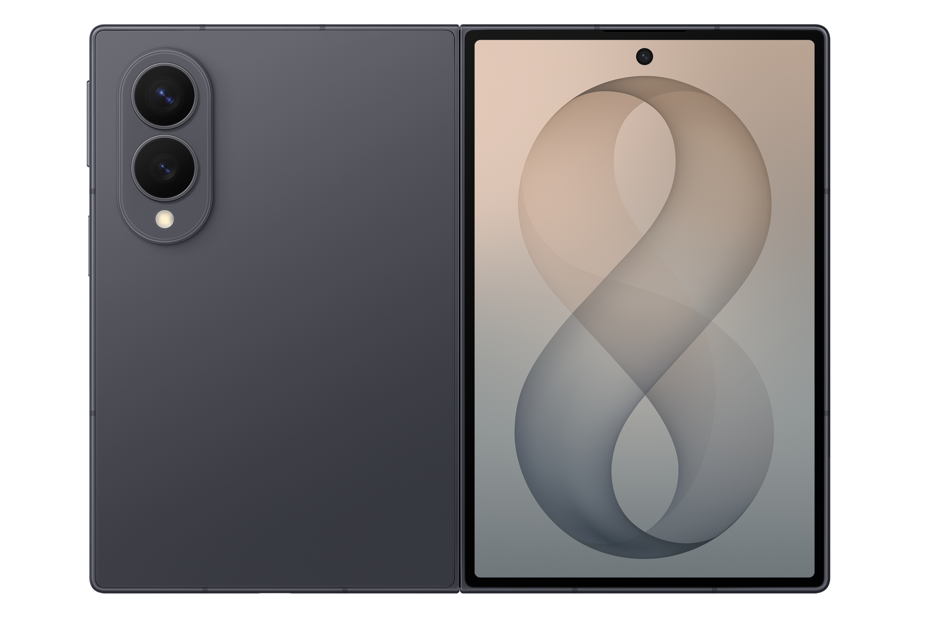 Ein graues faltbares Smartphone zeigt die Rückseite mit zwei Kameras und die aufgeklappte Vorderseite mit Mustertapete.