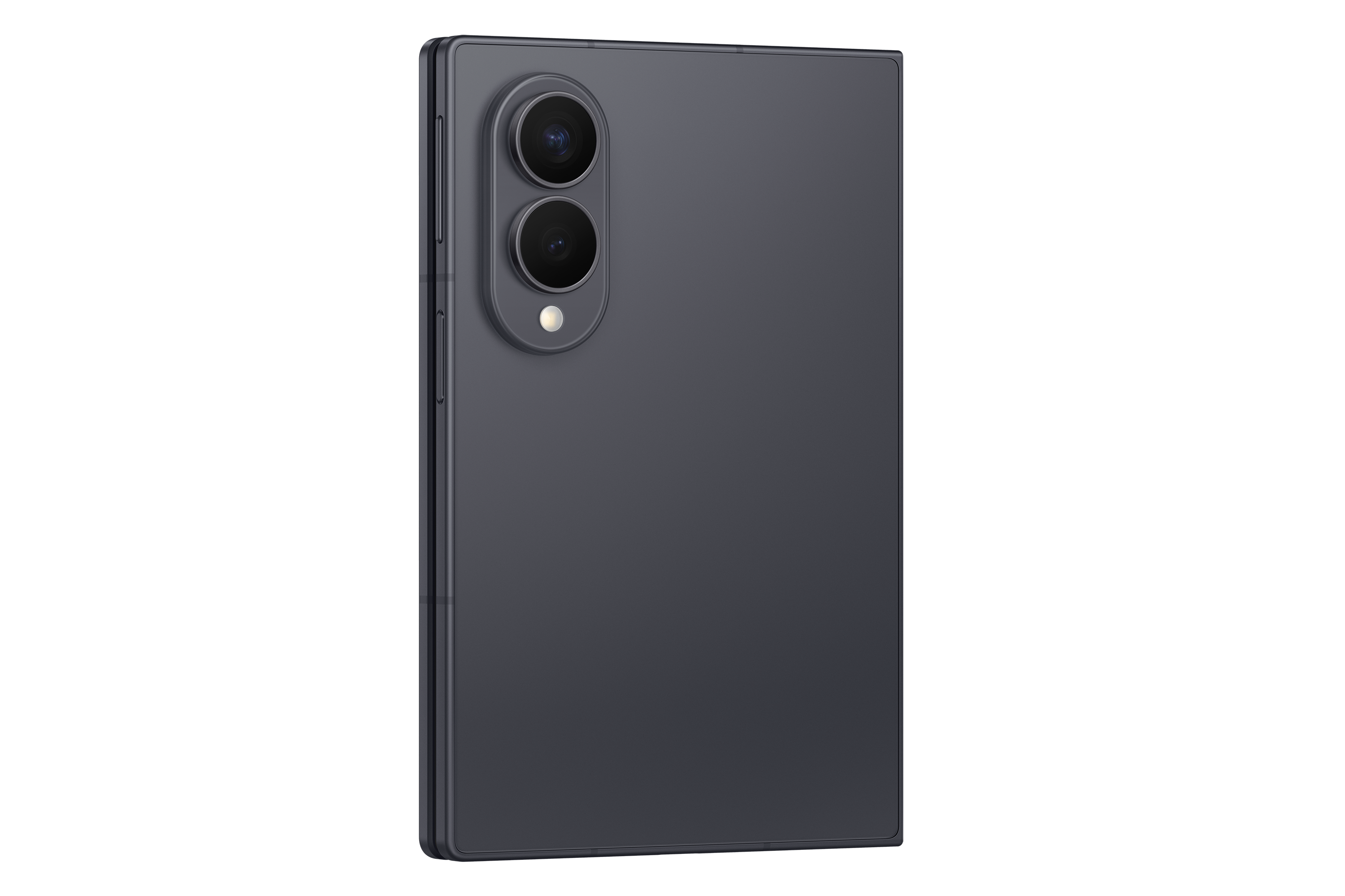 Dunkles Smartphone mit vertikaler Doppelkamera und Blitz auf der Rückseite vor schwarzem Hintergrund.