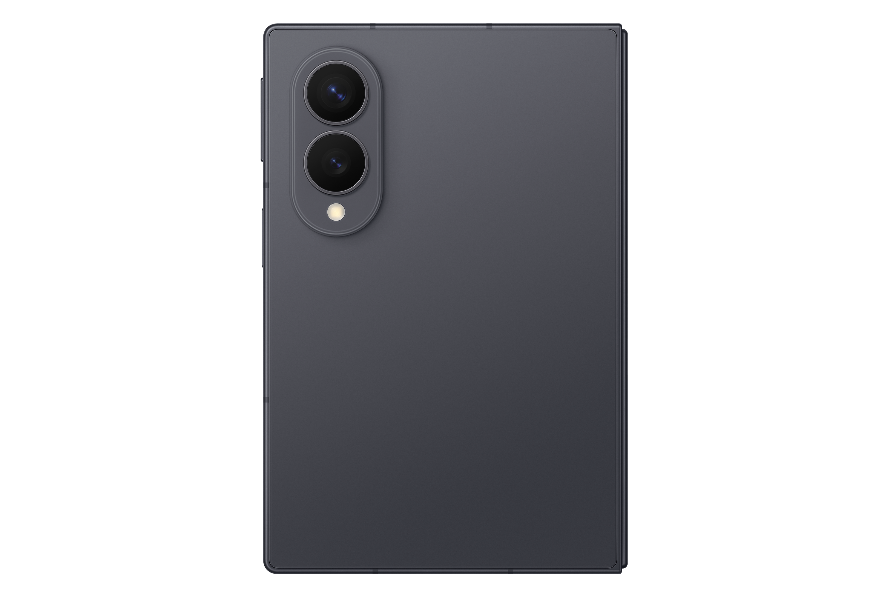 Rückseite eines grauen Smartphones mit einer vertikalen Dual-Kamera und einem Blitz.