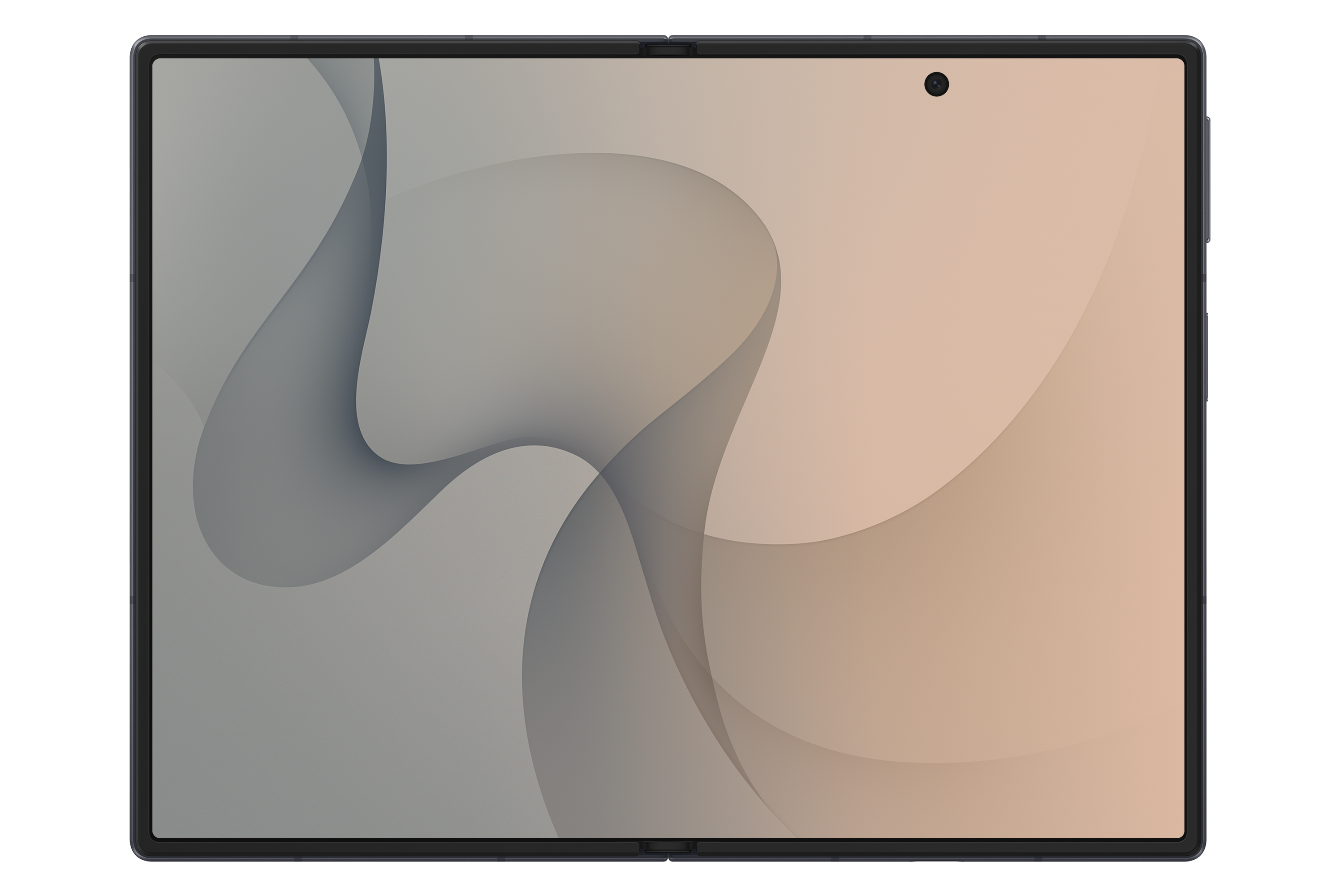 Ein faltbares Tablet zeigt eine grau-beige abstrakte Welle mit einer kleinen Frontkamera oben rechts.