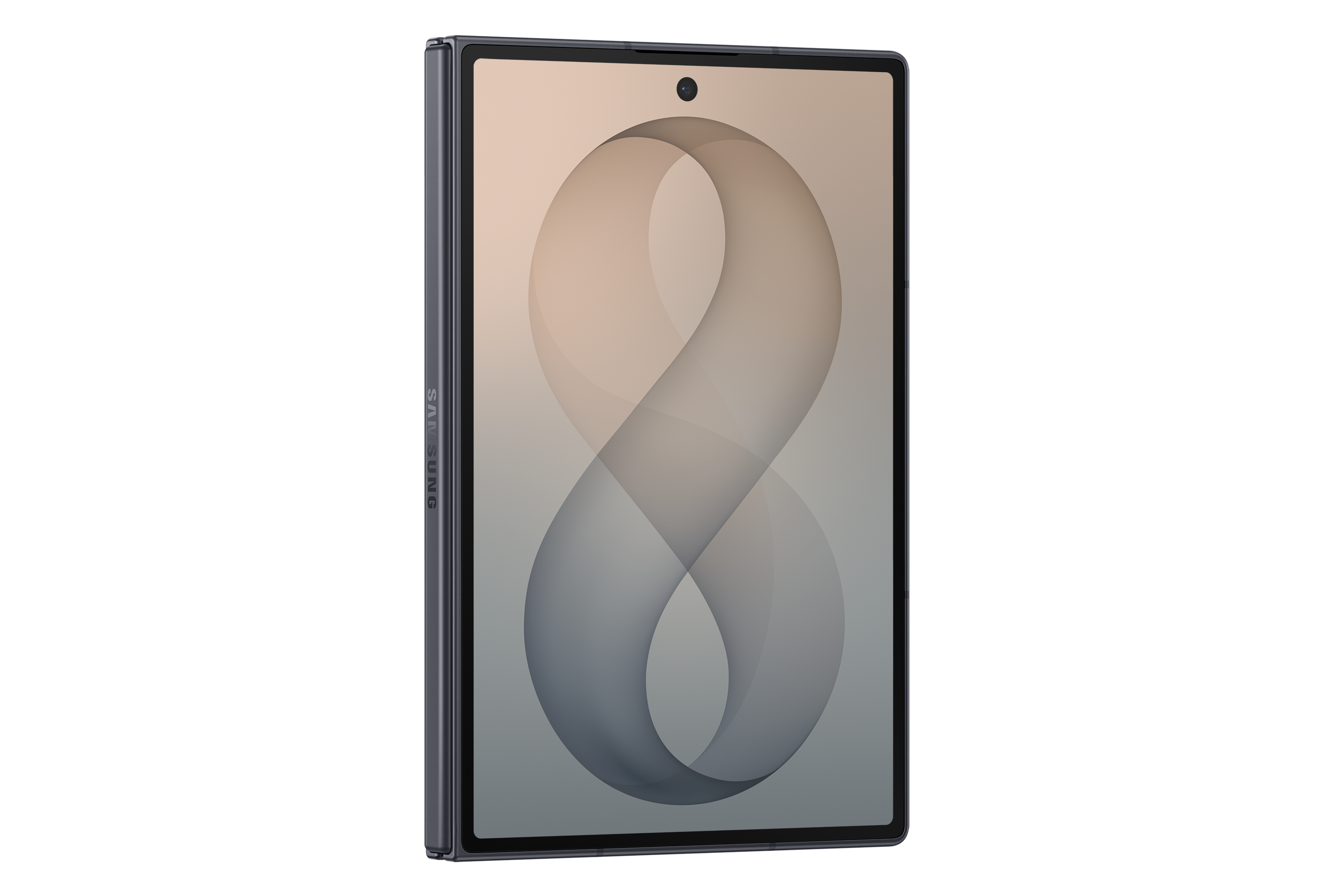 Ein faltbares Smartphone mit einem eleganten grauen Gehäuse und einem abstrakten Display-Hintergrund auf schwarzem Grund.