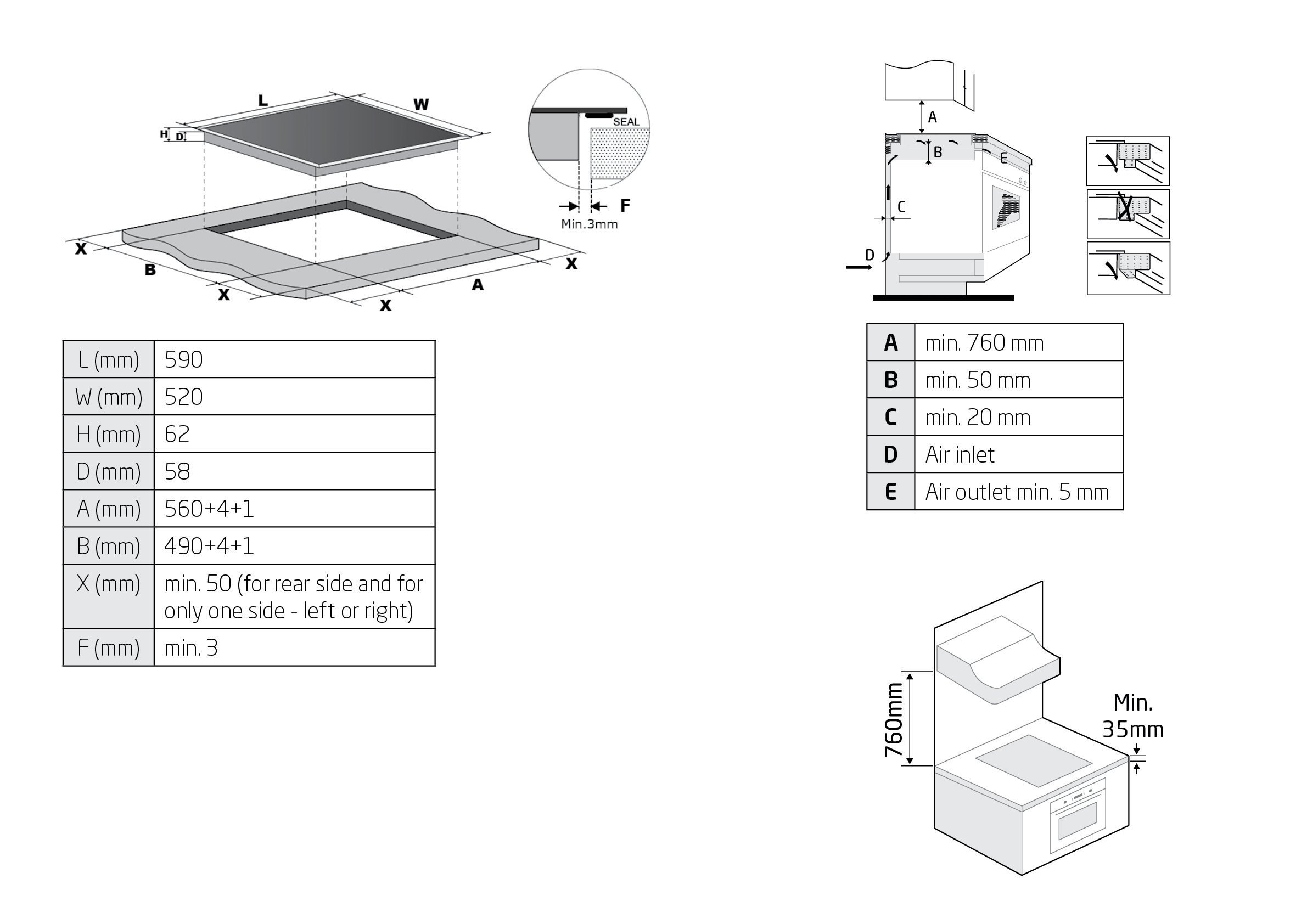 Diagram przedstawiający wymiary techniczne i instrukcję montażu płyty grzejnej.