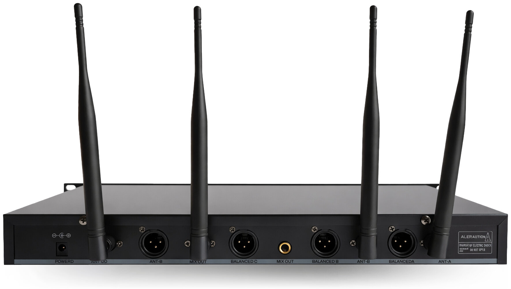 Tylny panel czarnego urządzenia audio z czterema antenami oraz wieloma portami XLR i jack.