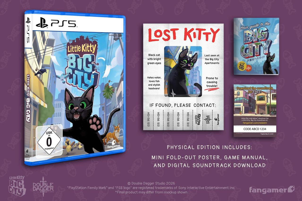PlayStation 5 Spiel 'Little Kitty, Big City' mit physischem Edition-Inhalt wie Poster und Handbuch.