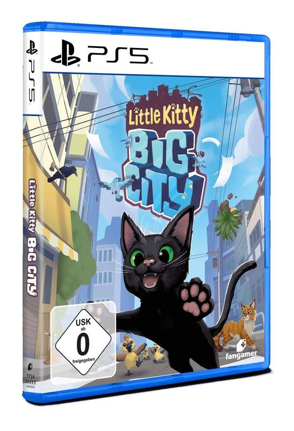 PS5-Spielhülle von Little Kitty, Big City mit einer schwarzen Katze vor einer großen Stadt.