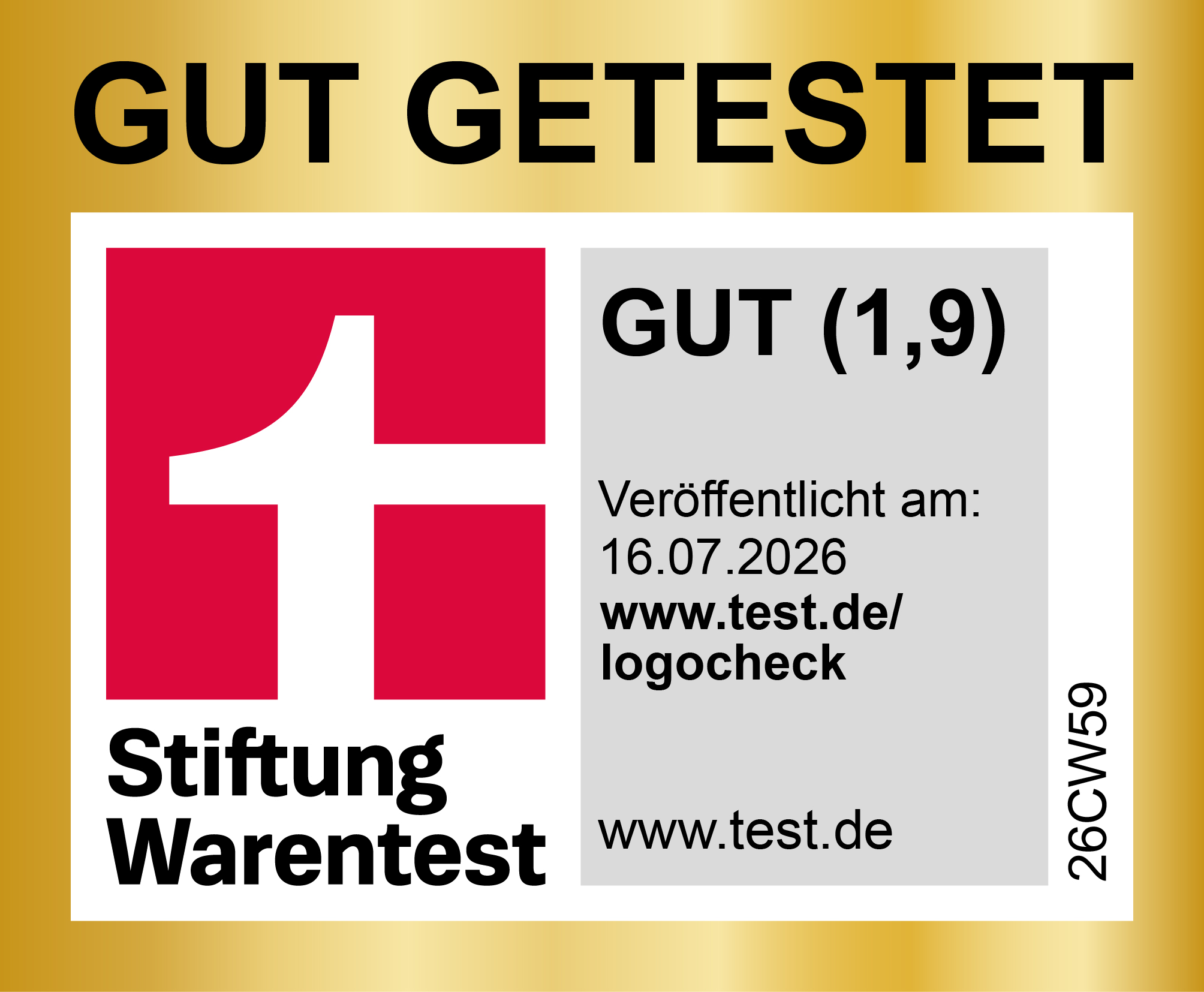 Stiftung Warentest Prüfsiegel: Gut (1,9) auf goldenem Hintergrund.