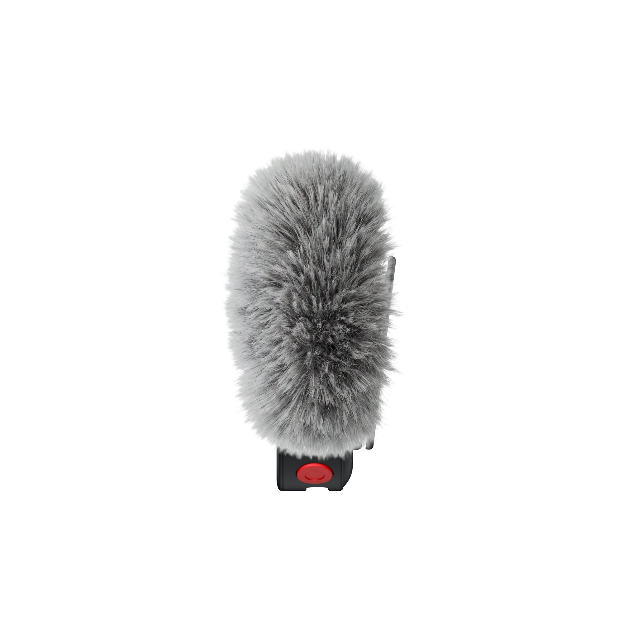 Ein grauer flauschiger Windschutz an einem schwarzen Mikrofon mit rotem Knopf auf schwarzem Hintergrund.