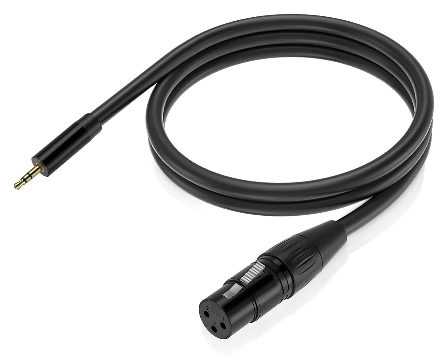 Czarny kabel audio na białym tle z wtykiem jack 3,5 mm i 3-pinowym złączem XLR.