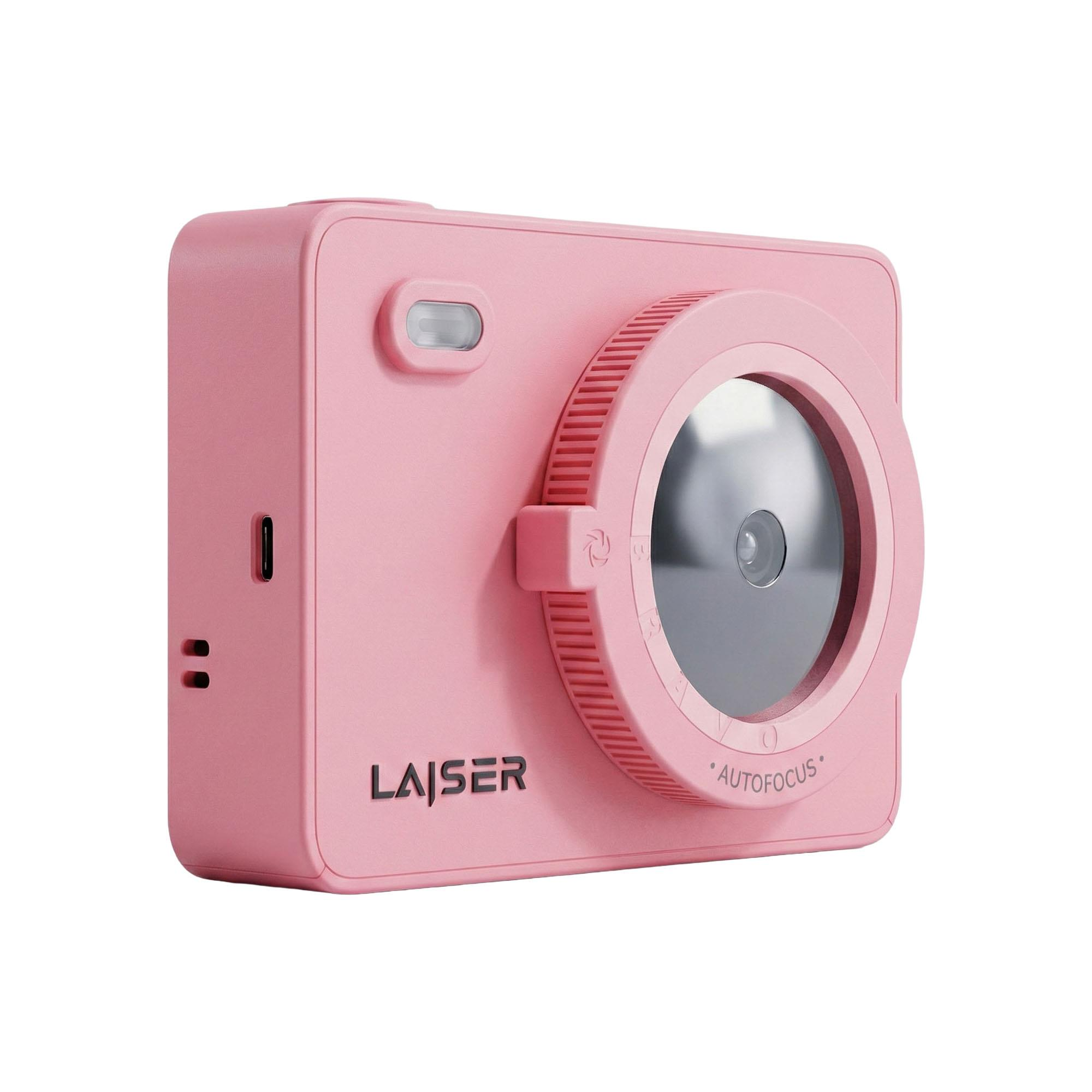 Beyaz arka planda büyük lensli ve Laiser yazılı pembe çocuk kamerası.