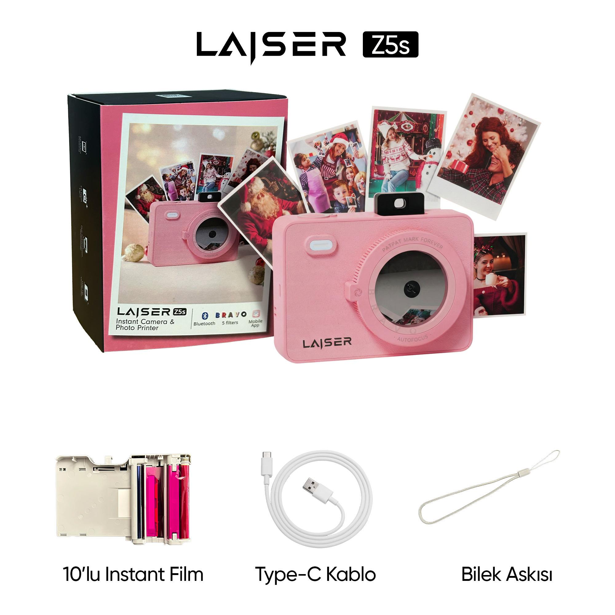 Pembe Laiser Z5s şipşak kamera, kutusu, filmi, USB kablosu ve bilek askısıyla birlikte.