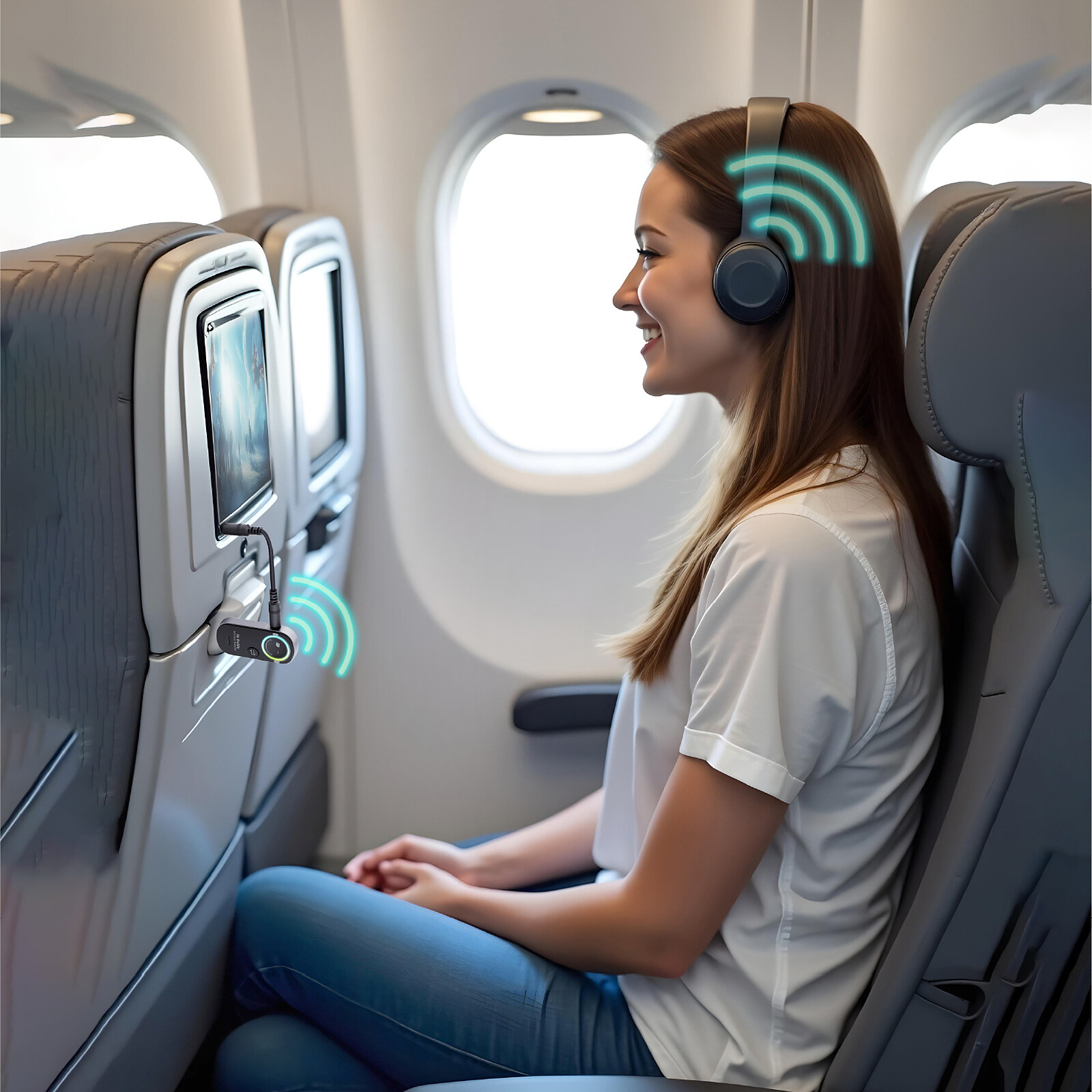 Eine lächelnde Frau im Flugzeug nutzt kabellose Kopfhörer, die über einen Adapter mit dem Bildschirm verbunden sind.
