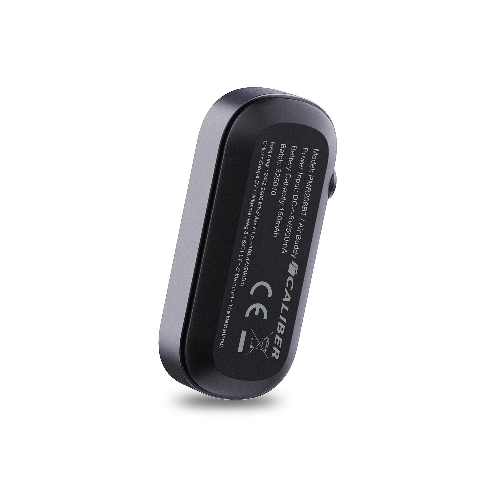 Rückseite eines schwarzen Caliber PMR206BT Audiogeräts mit gedruckten technischen Daten und CE-Kennzeichnung.