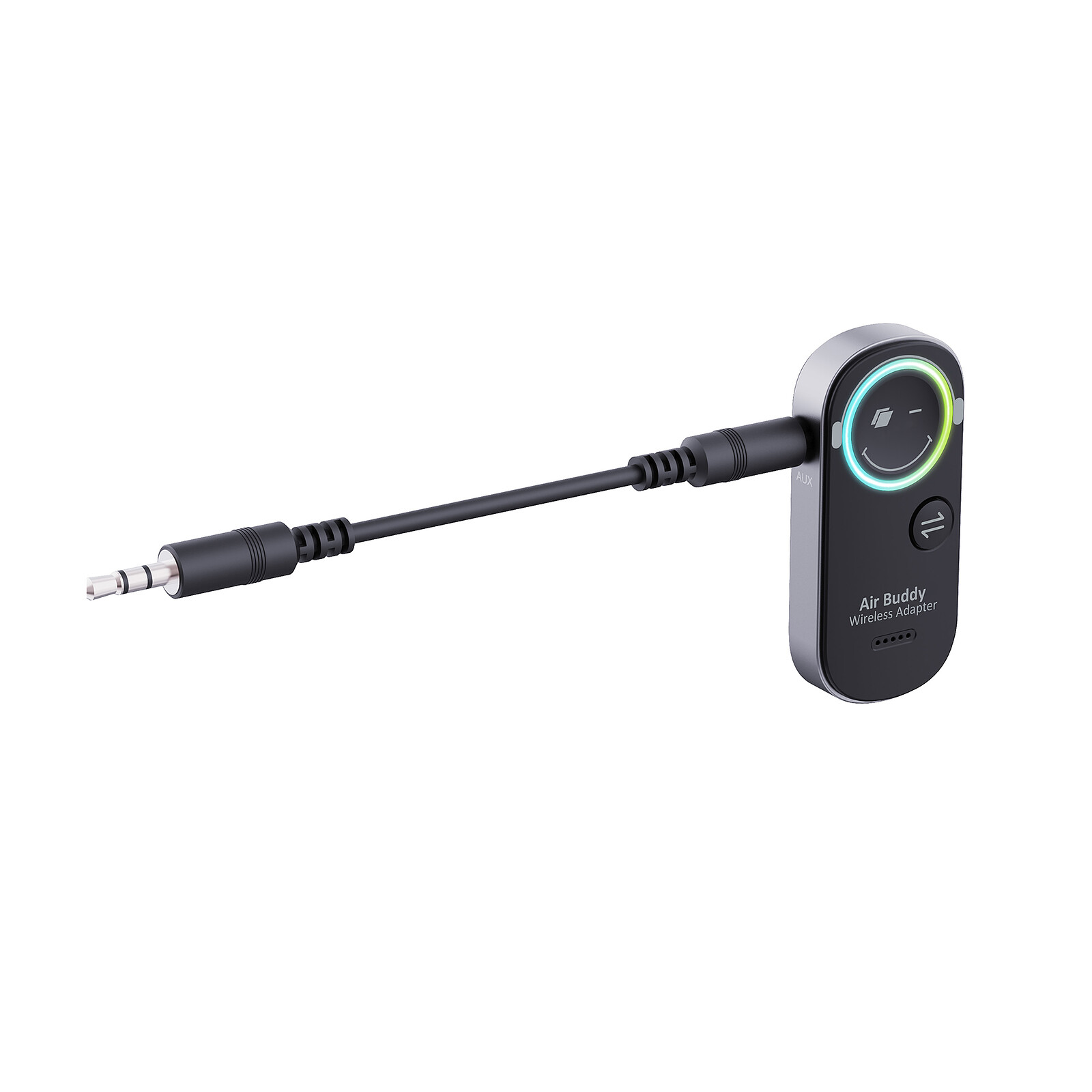 Ein schwarzer Air Buddy Wireless Adapter mit AUX-Kabel und 3,5-mm-Klinkenstecker auf weißem Hintergrund.