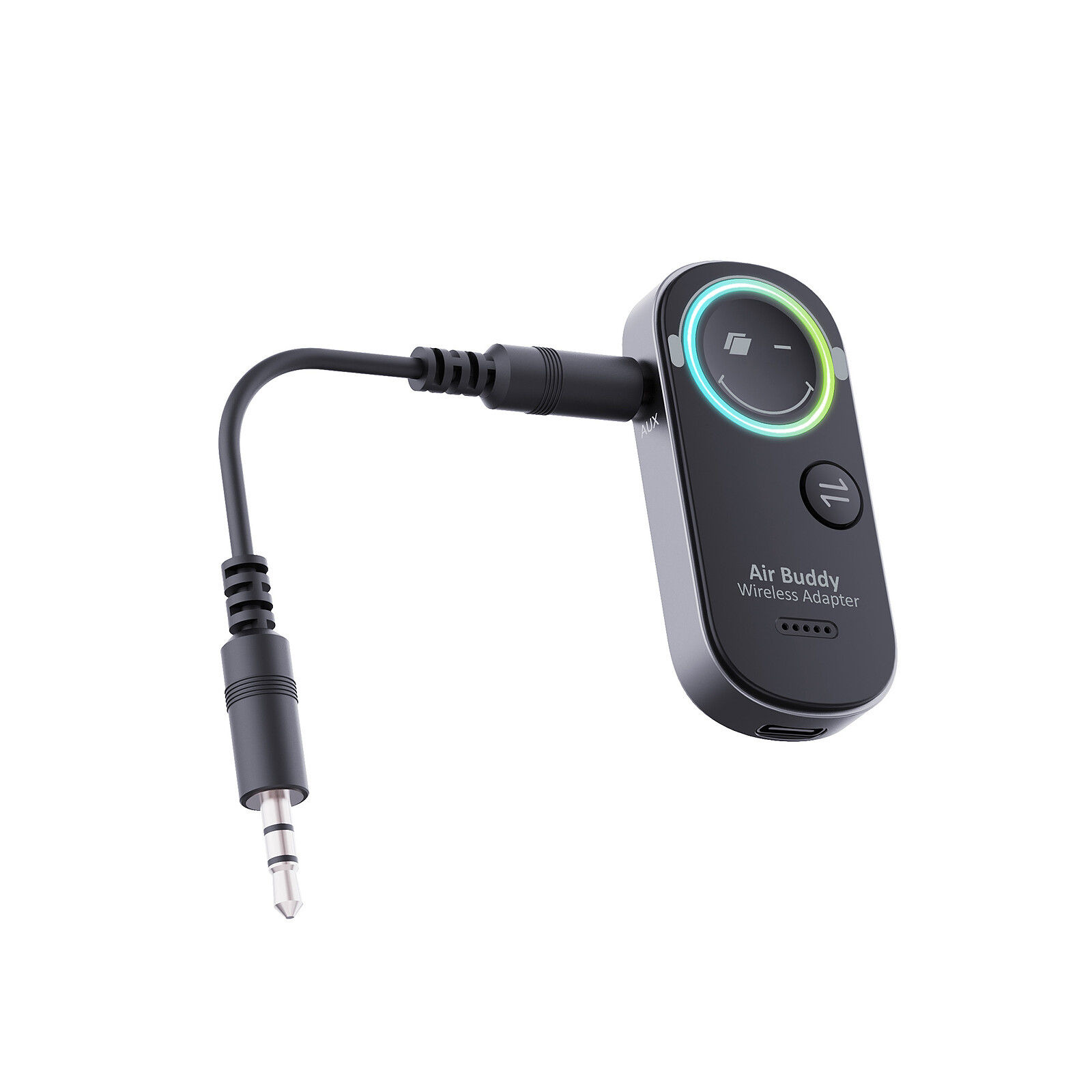 Schwarzer Air Buddy Wireless Adapter mit AUX-Kabel und 3,5-mm-Klinkenstecker auf weißem Hintergrund.