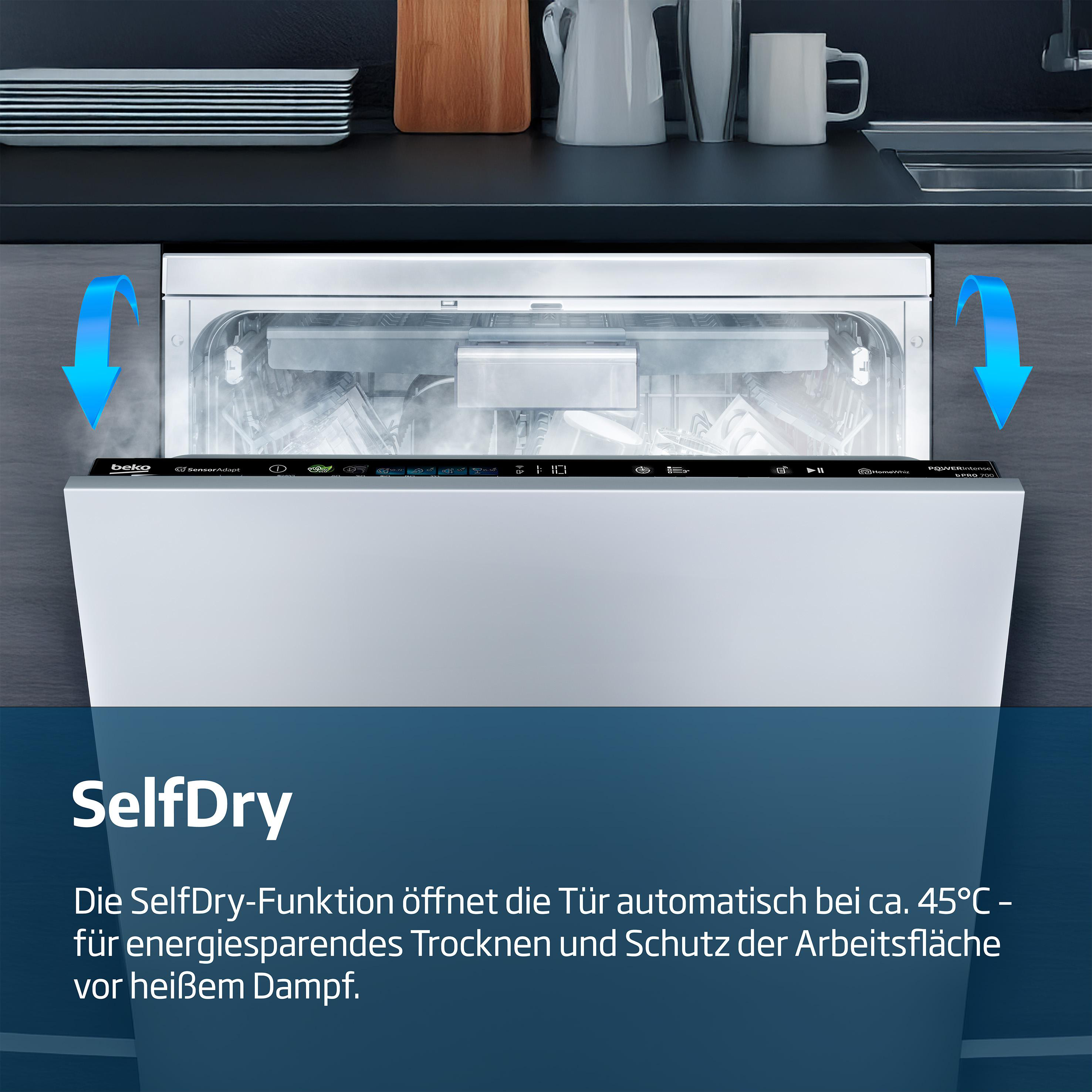 Ein Beko-Geschirrspüler öffnet automatisch die Tür und lässt Dampf unter einer Küchenzeile entweichen.