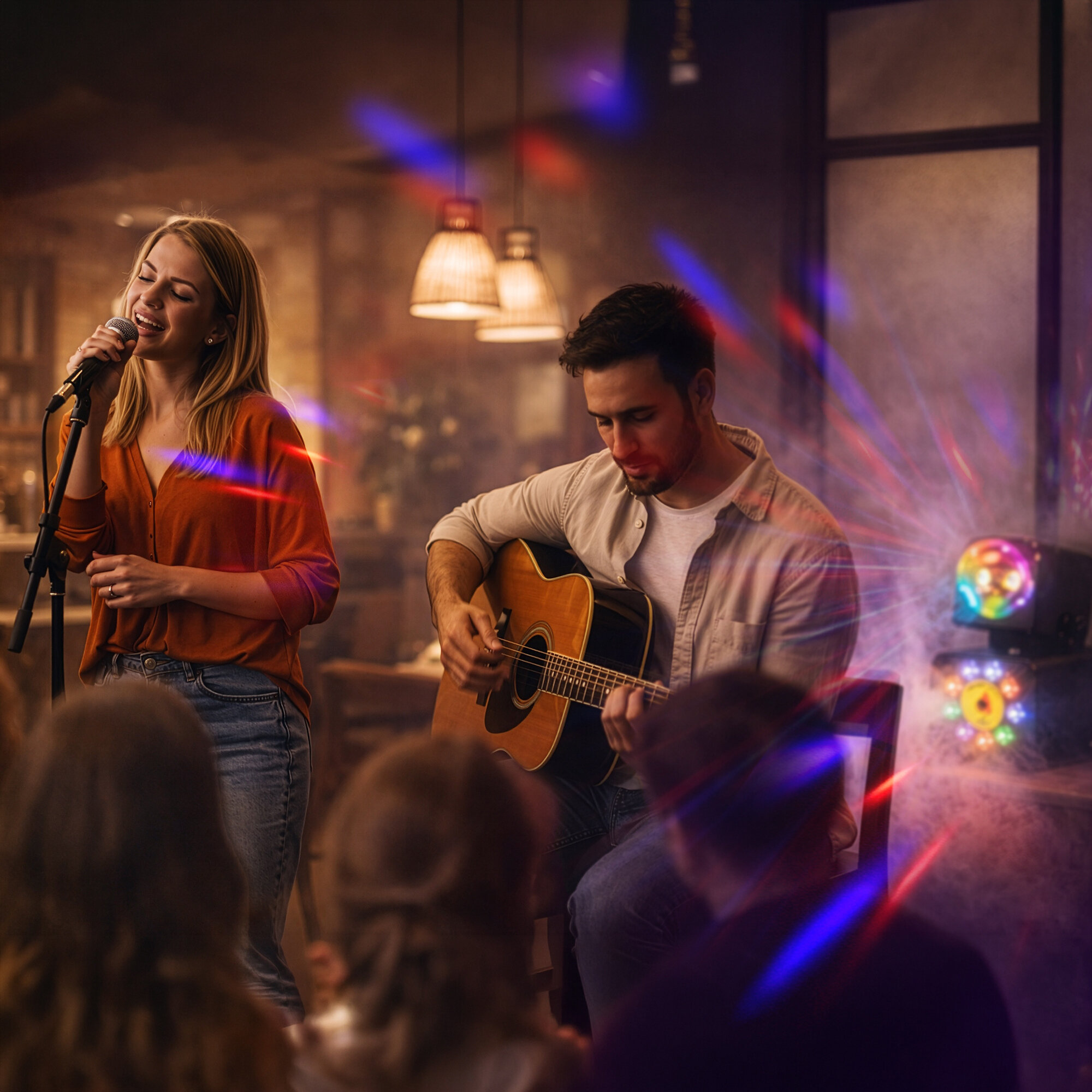 Kobieta śpiewa do mikrofonu, a mężczyzna gra na gitarze akustycznej dla publiczności w przytulnym barze.
