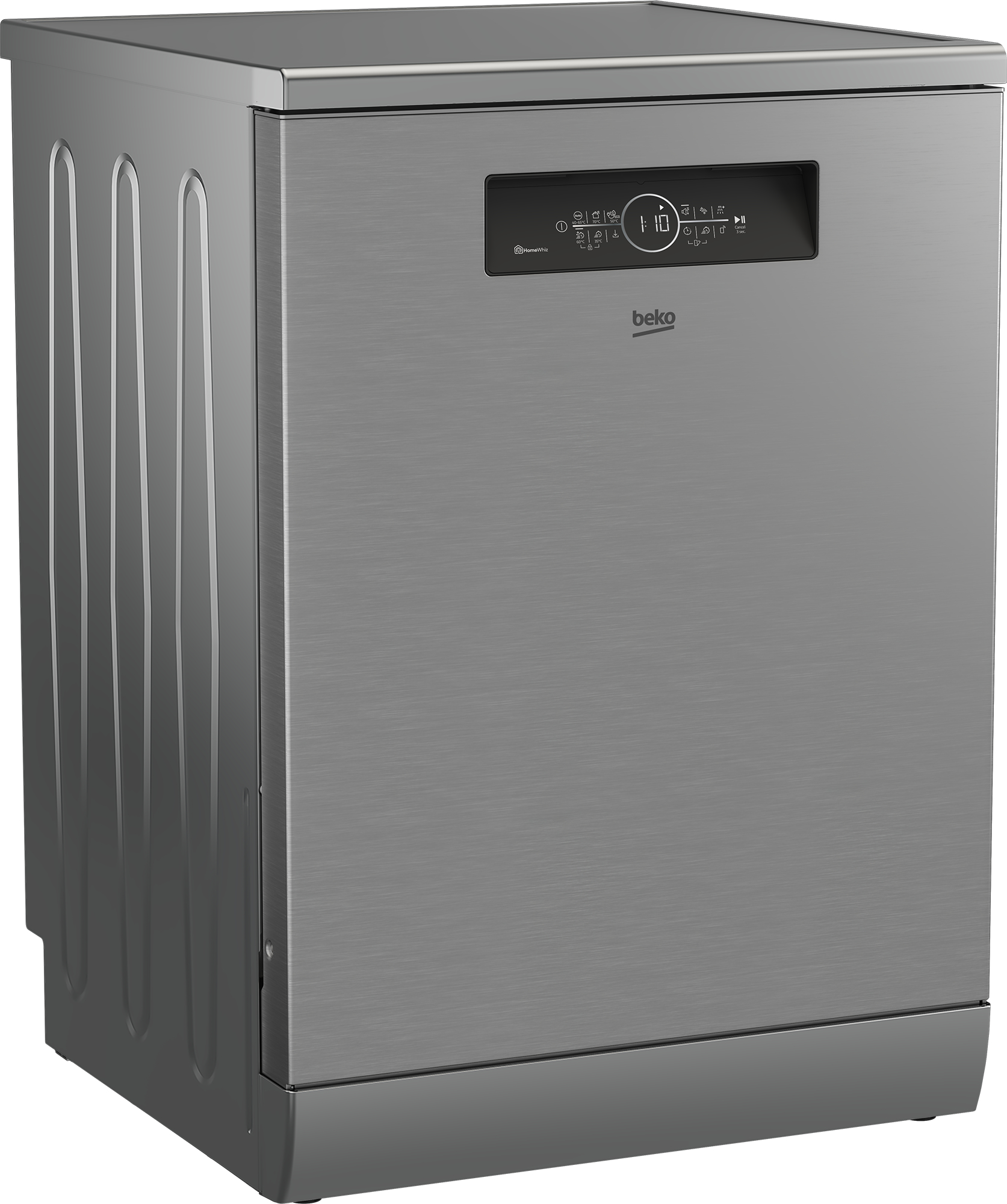 Freistehende silberne Beko-Spülmaschine mit digitalem Bedienfeld.