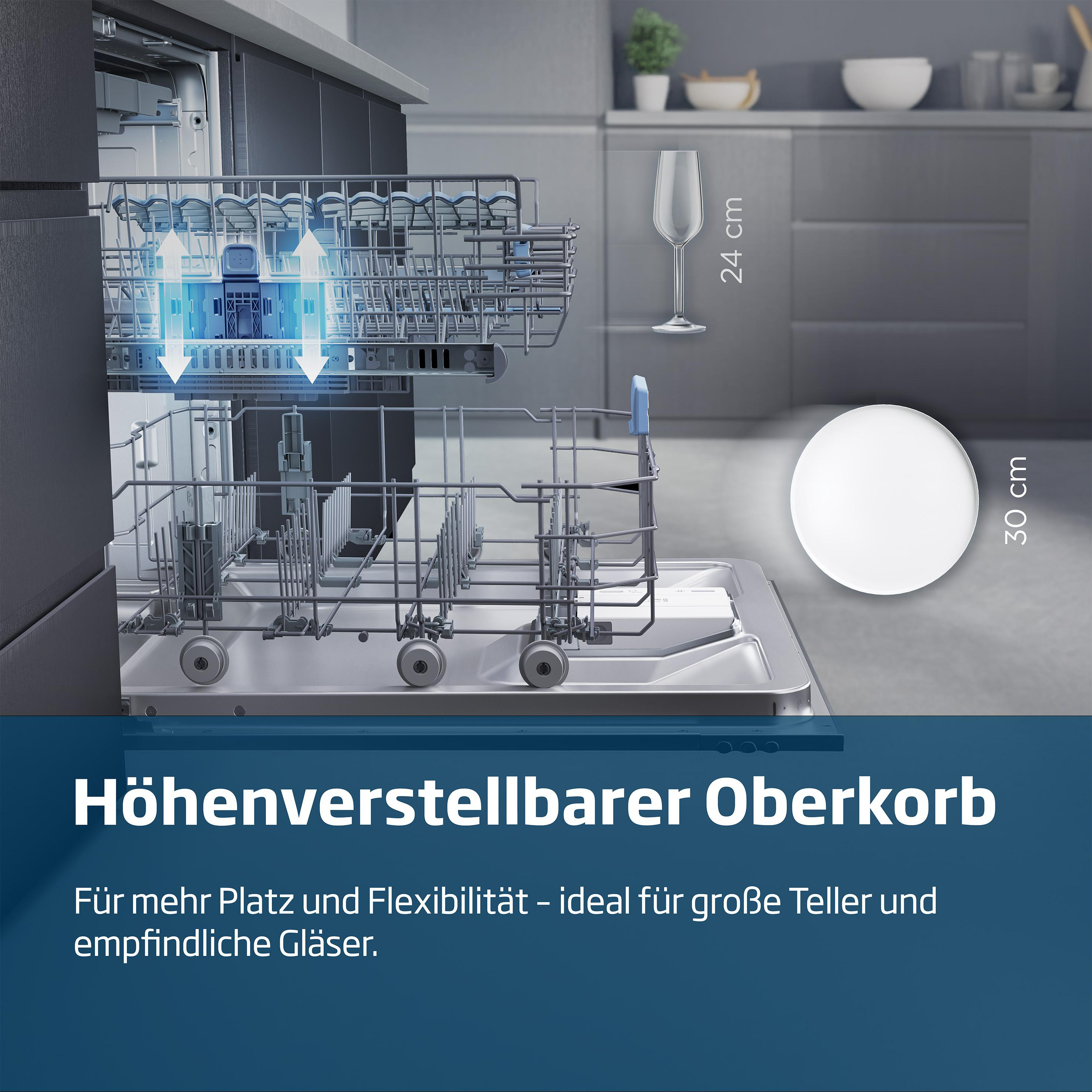 Offener Geschirrspüler mit verstellbarem Oberkorb, ideal für hohe Gläser und große Teller.