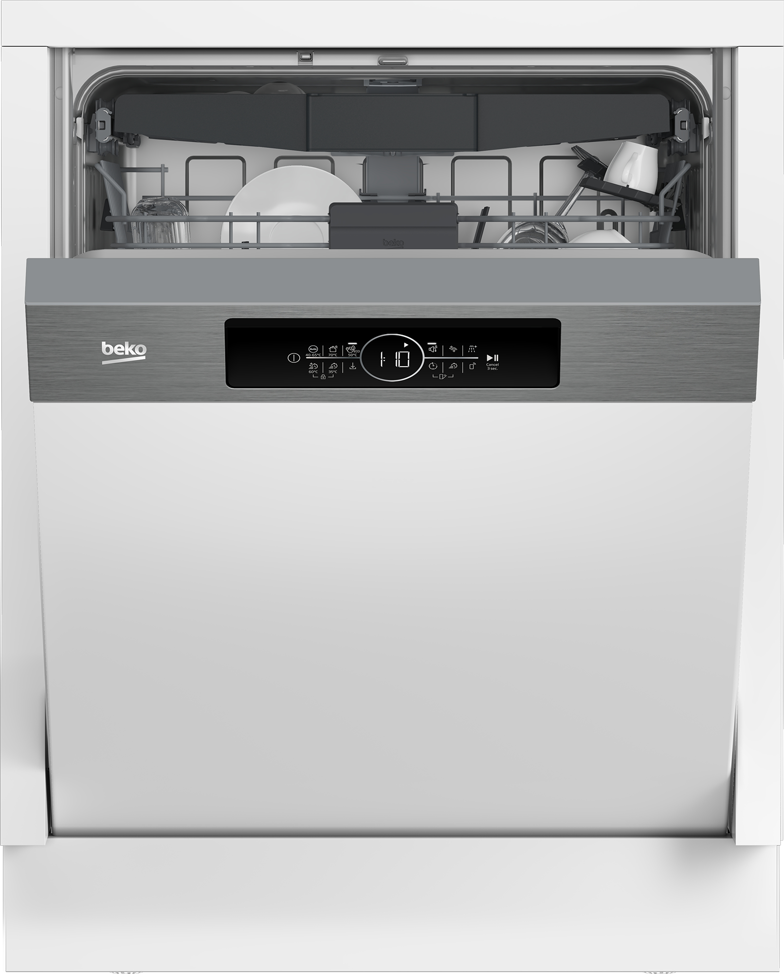 Offene weiße Beko-Geschirrspülmaschine mit grauem Bedienfeld, digitalem Display und gefülltem oberen Korb.