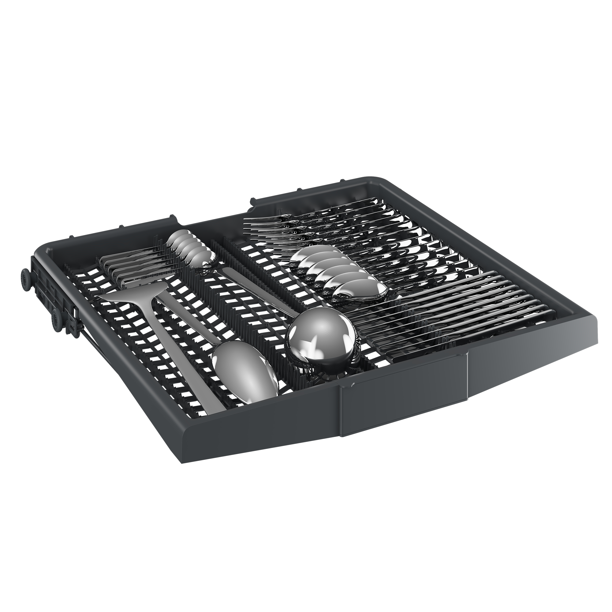 Eine schwarze Besteckschublade für die Spülmaschine mit glänzenden Silberbesteck gefüllt.