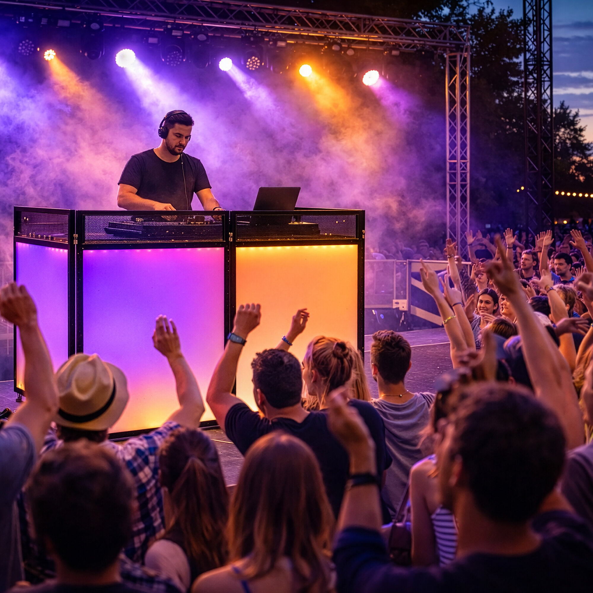DJ występuje na oświetlonej scenie podczas koncertu plenerowego, a tłum ludzi dopingujący podnosi ręce.