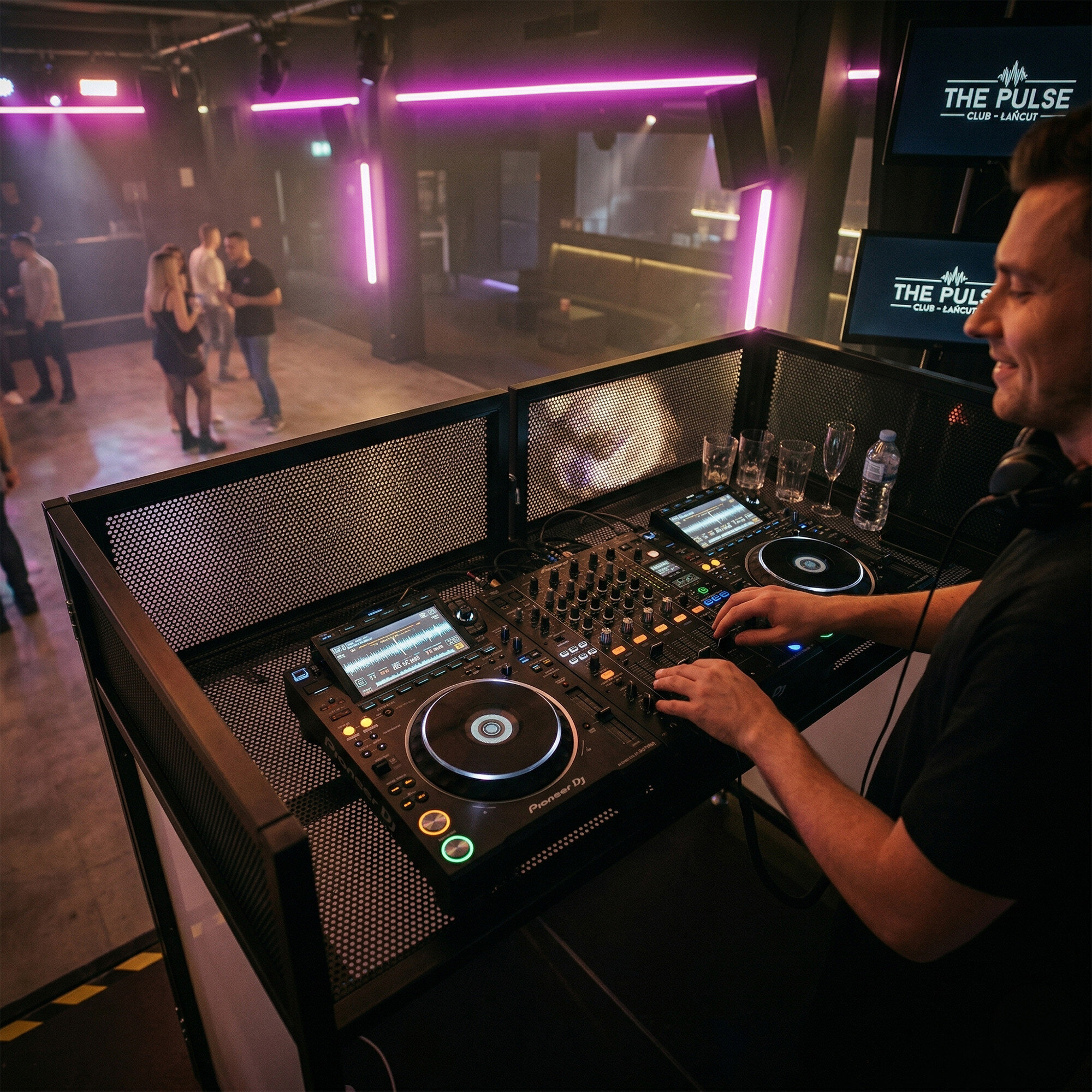 DJ uśmiecha się przy konsoli z mikserami w klubie z różowymi światłami i tańczącymi ludźmi.