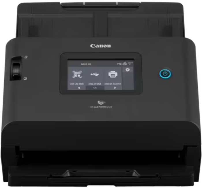 Uno scanner di documenti nero Canon imageFORMULA con display touchscreen integrato e pulsante di accensione blu illuminato.
