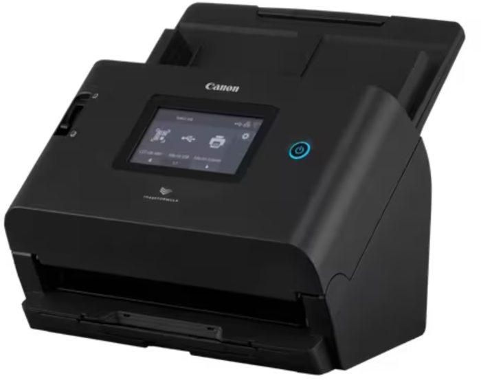Uno scanner di documenti Canon imageFORMULA nero con touch screen e pulsante di accensione illuminato su sfondo nero.