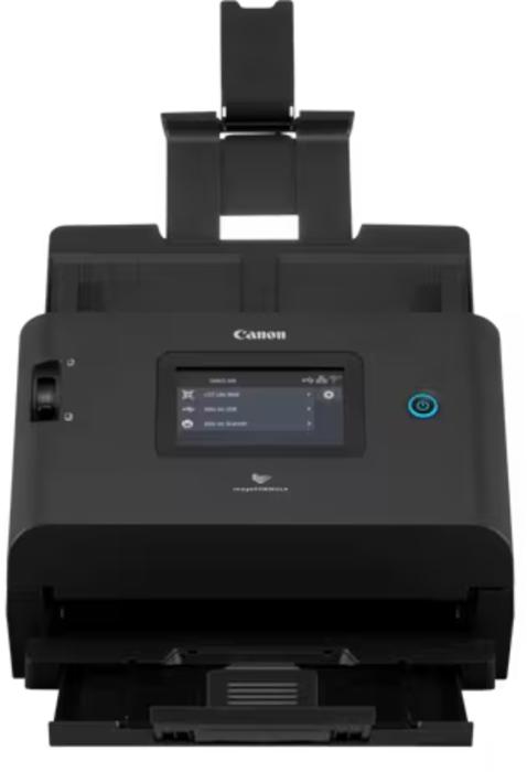 Uno scanner per documenti Canon nero con display digitale, pulsanti di controllo e vassoio carta aperto.