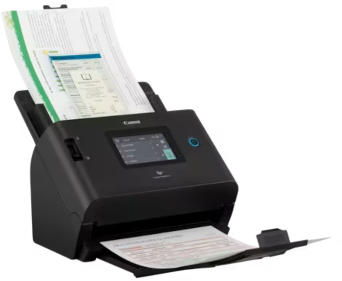 Uno scanner per documenti Canon nero con documenti caricati su sfondo nero.