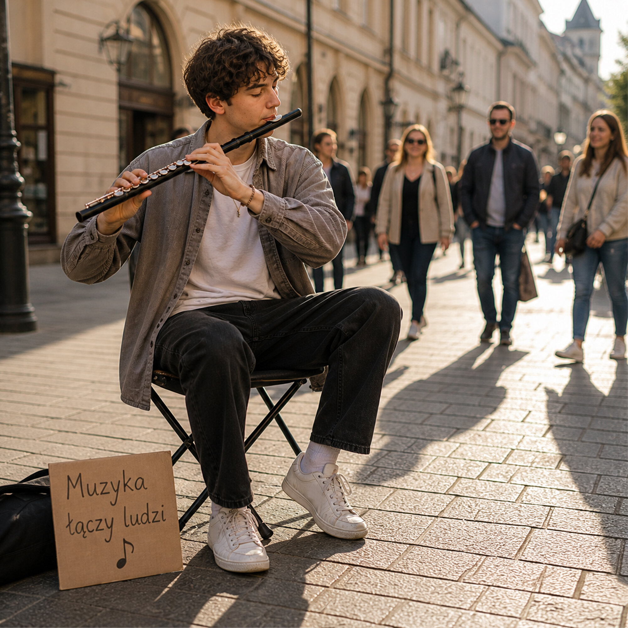 Młody mężczyzna siedzi na składanym krześle na deptaku i gra na flecie, przed tablicą z polskim napisem.
