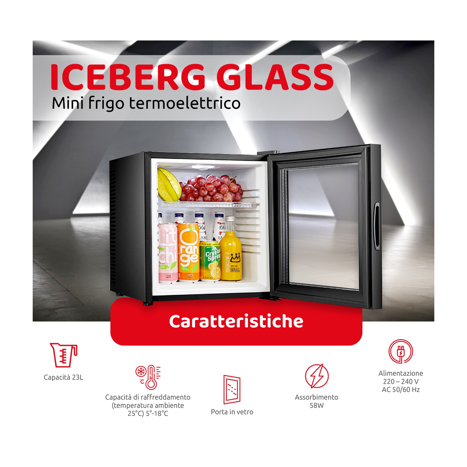 FRIGORIFERO DA TAVOLO MELCHIONI FAMILY ICEBERG GLASS , Capacità netta totale 23 l, Rumorosità: 20 dB(A), Dimensioni: L 38 cm A 47,5 cm P 38 cm, Nero, Classe E