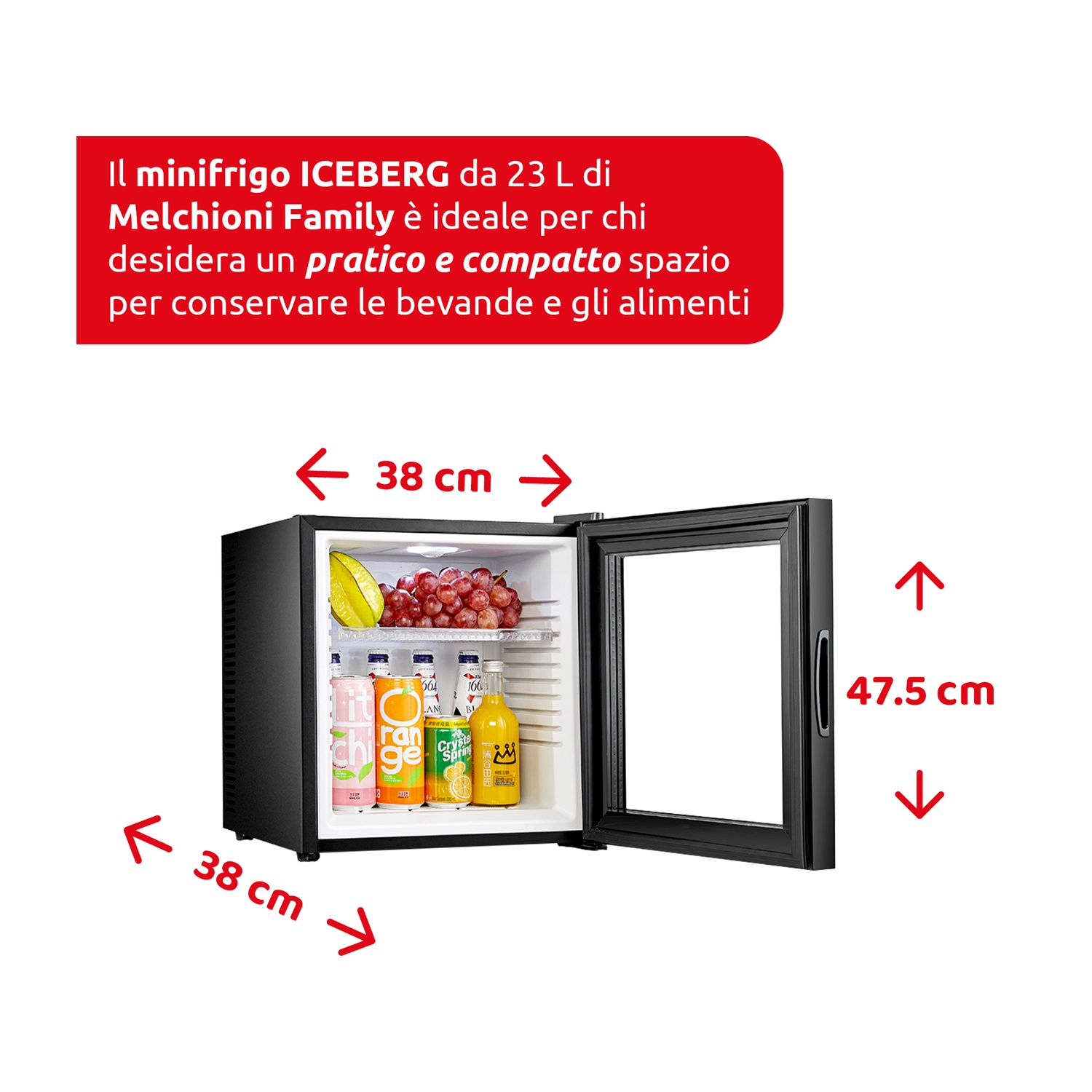 FRIGORIFERO DA TAVOLO MELCHIONI FAMILY ICEBERG GLASS , Capacità netta totale 23 l, Rumorosità: 20 dB(A), Dimensioni: L 38 cm A 47,5 cm P 38 cm, Nero, Classe E