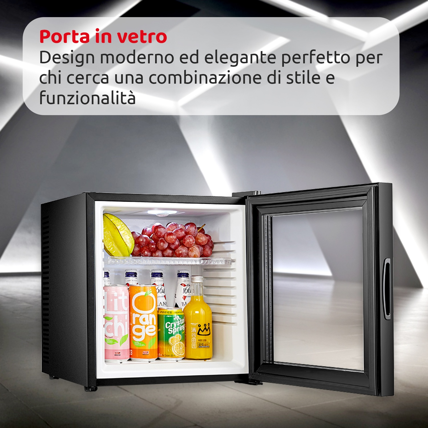 FRIGORIFERO DA TAVOLO MELCHIONI FAMILY ICEBERG GLASS , Capacità netta totale 23 l, Rumorosità: 20 dB(A), Dimensioni: L 38 cm A 47,5 cm P 38 cm, Nero, Classe E