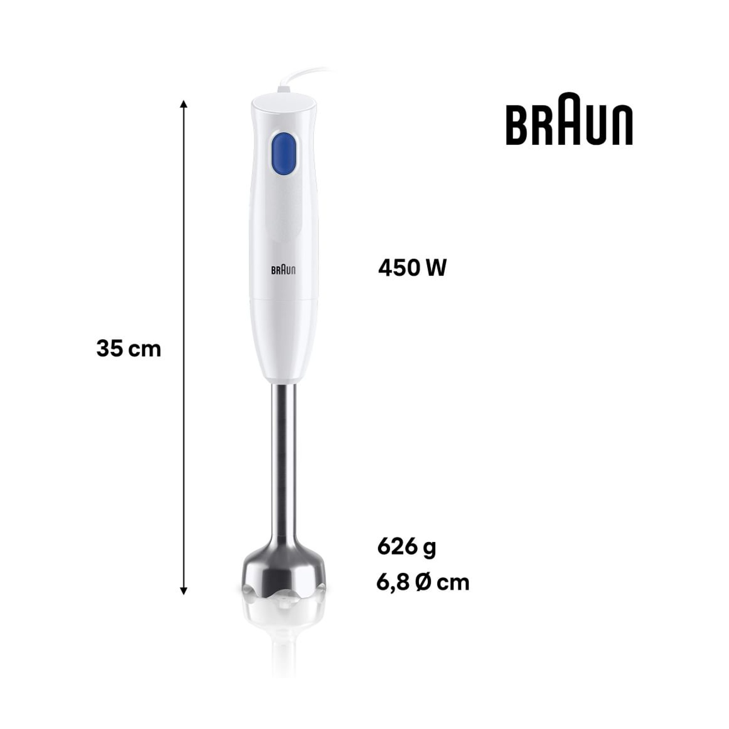 Frullatore ad immersione Braun bianco con piede in metallo, 450W, altezza 35cm e peso 626g su sfondo bianco.