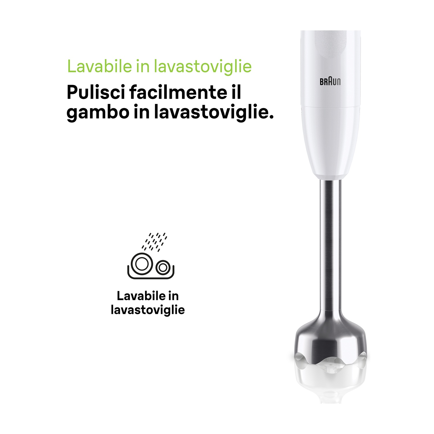 Un frullatore a immersione Braun bianco e argento su sfondo bianco, con testo e icona lavabile in lavastoviglie a sinistra.