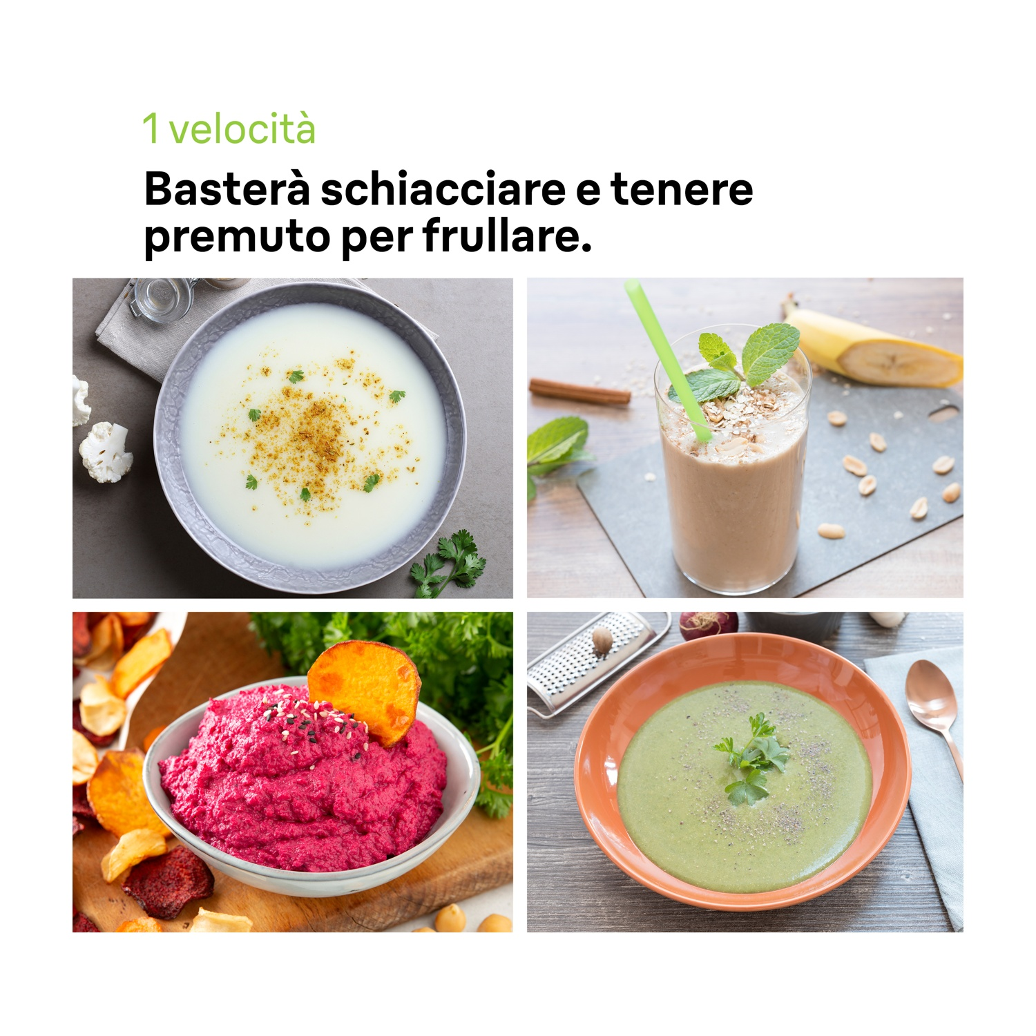 Quattro immagini di vari cibi: zuppa, smoothie, crema di barbabietola e zuppa verde, accompagnate da testo in italiano.