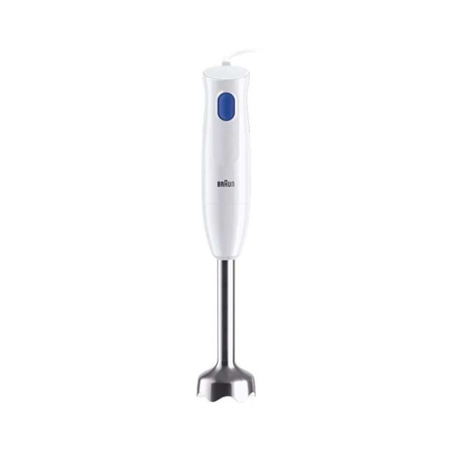 Un frullatore ad immersione bianco Braun con un pulsante di accensione blu e un gambo in acciaio inossidabile.