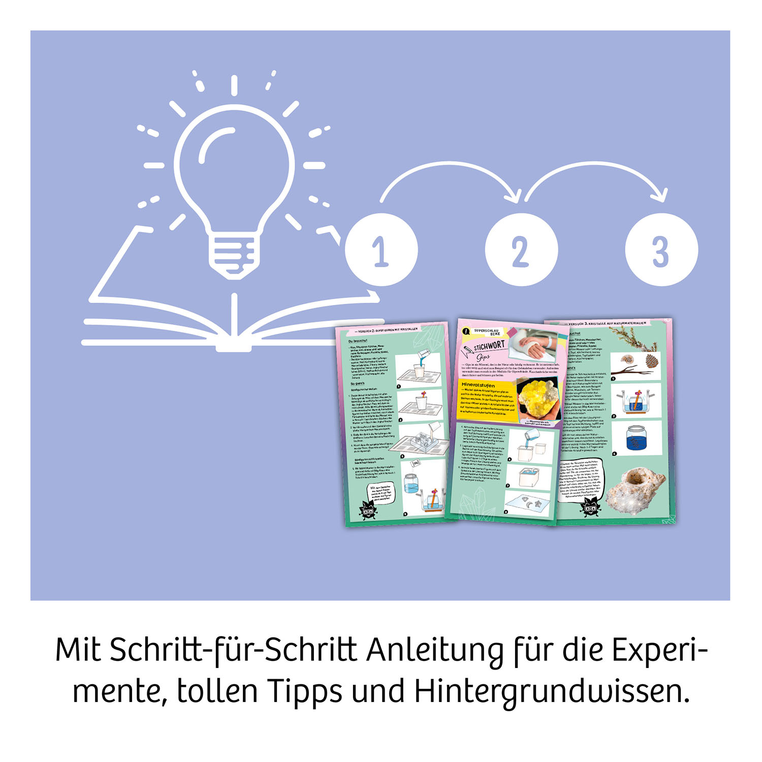 Schritt-für-Schritt Anleitung für Experimente mit Tipps und Hintergrundwissen auf lila Hintergrund.