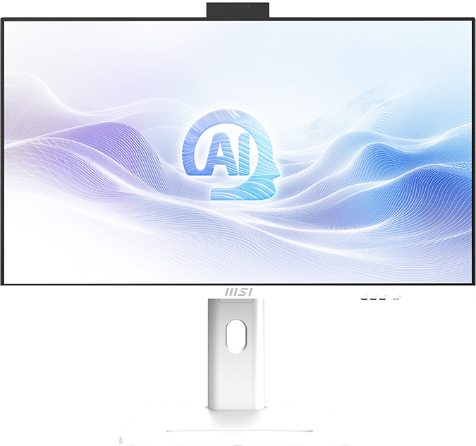 Egy fehér MSI monitor elvont lila AI háttérképpel és webkamerával a tetején.