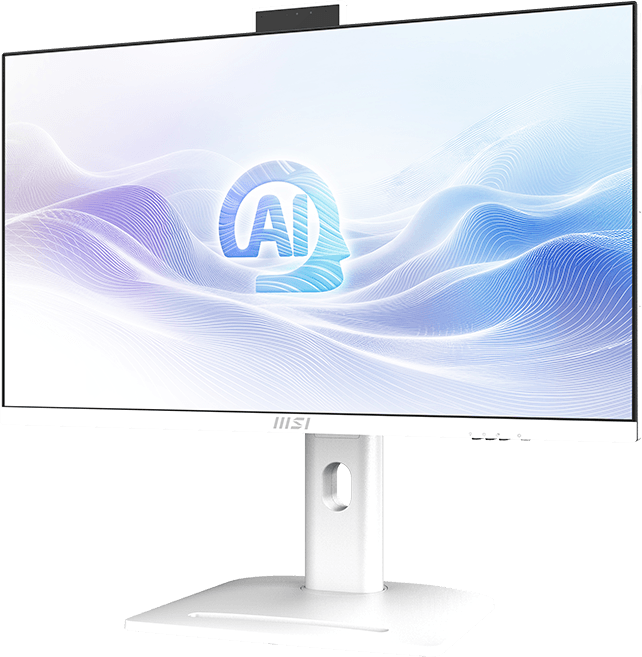 Egy fehér MSI monitor absztrakt kék-fehér háttérrel és az AI logóval.