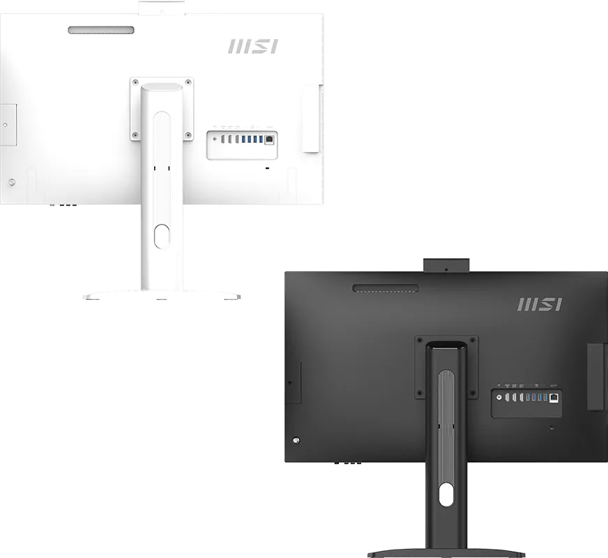 Két MSI monitor hátoldala, egy fehér és egy fekete, állvánnyal és portokkal.