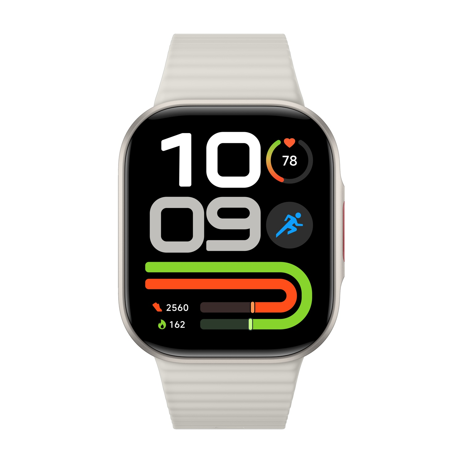 Uno smartwatch beige con display digitale che mostra 10:09, frequenza cardiaca e anelli di attività su sfondo bianco.